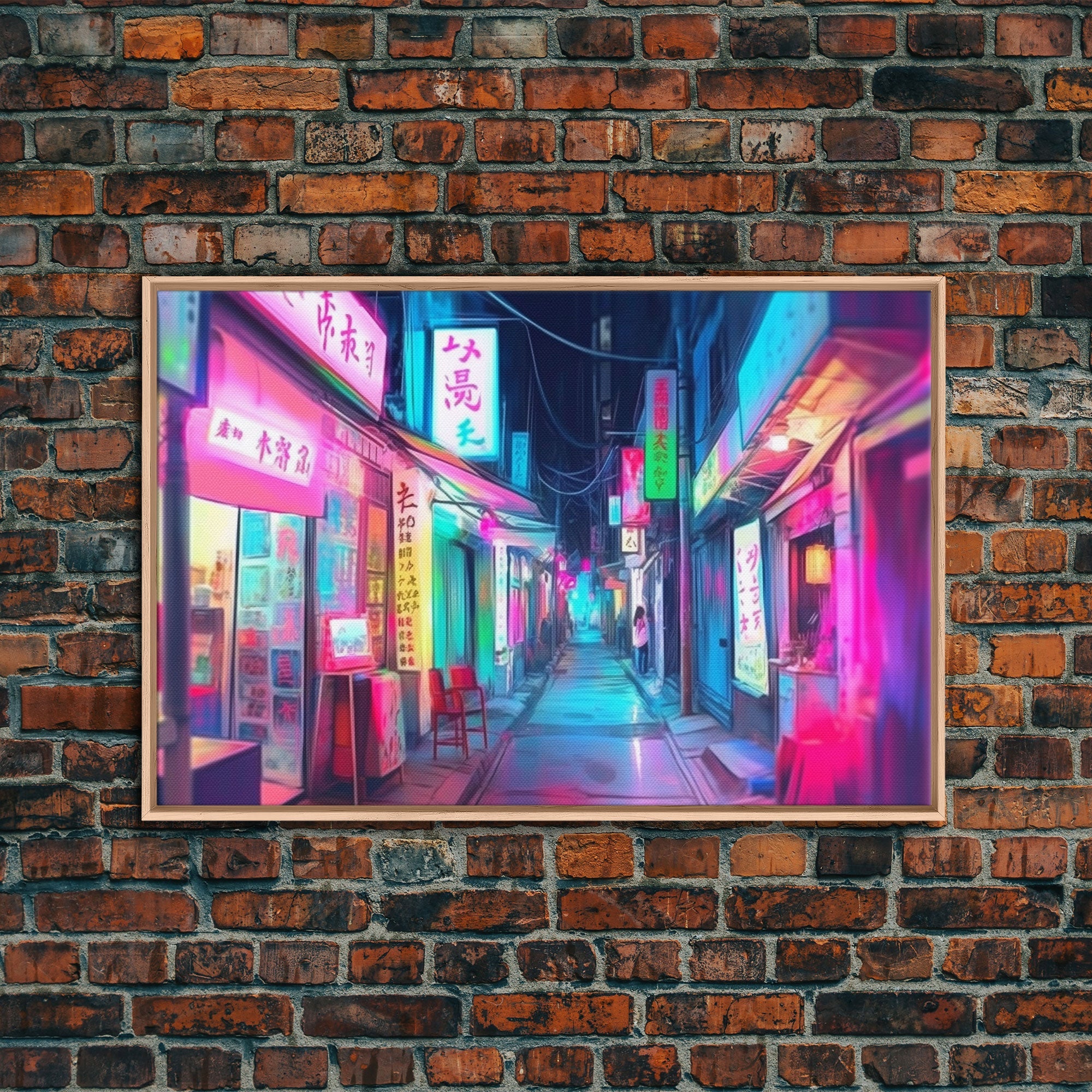 Retro Japanese market Wall art, Framed Canvas Print, Neon Style, Living room decor, Pop Art, Neon colors, Pink colors, Above bed art
