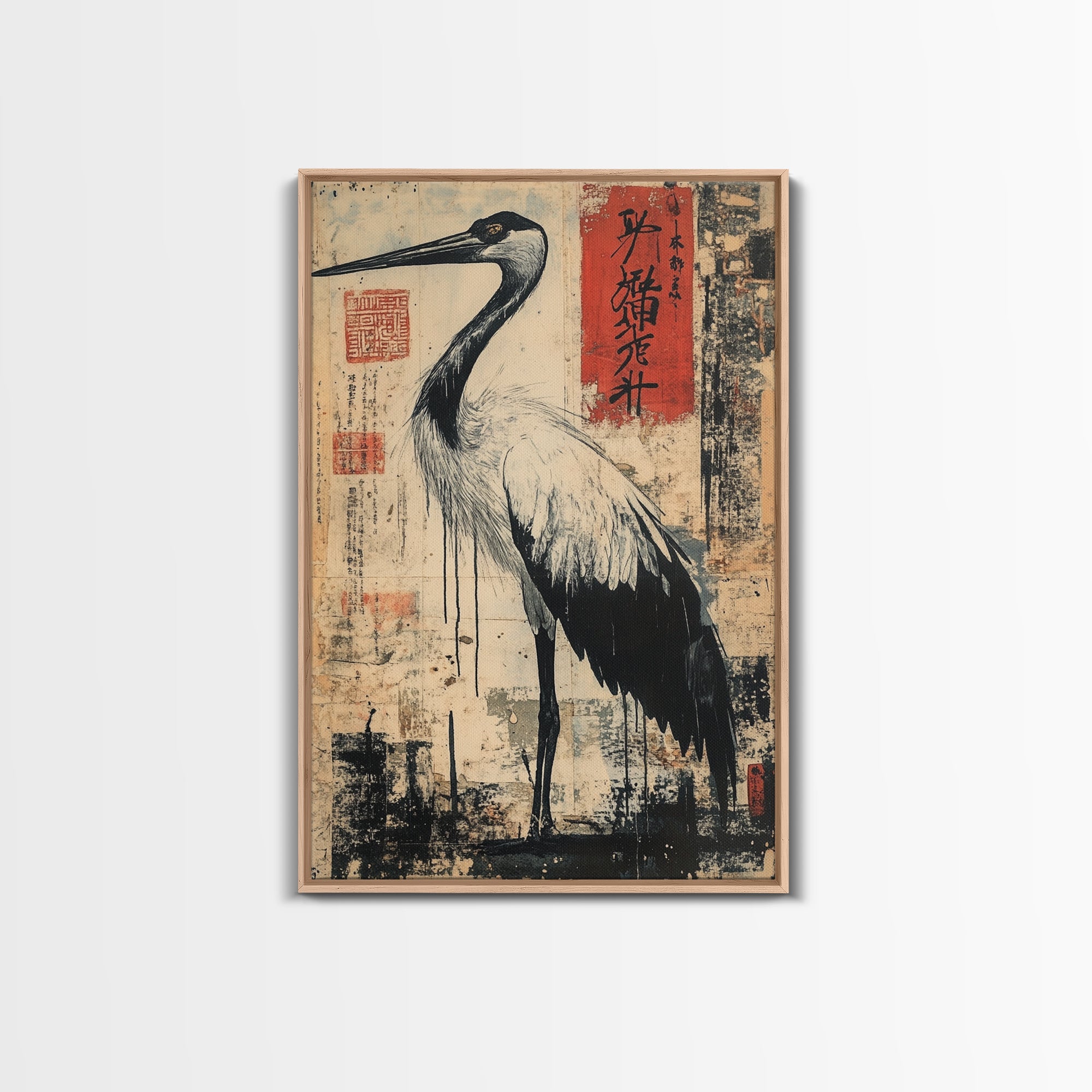 Blue Heron Wall Art Framed Canvas Print Ready To Hang, Japanese Style Wabi Sabi Art, Coastoal Decor
