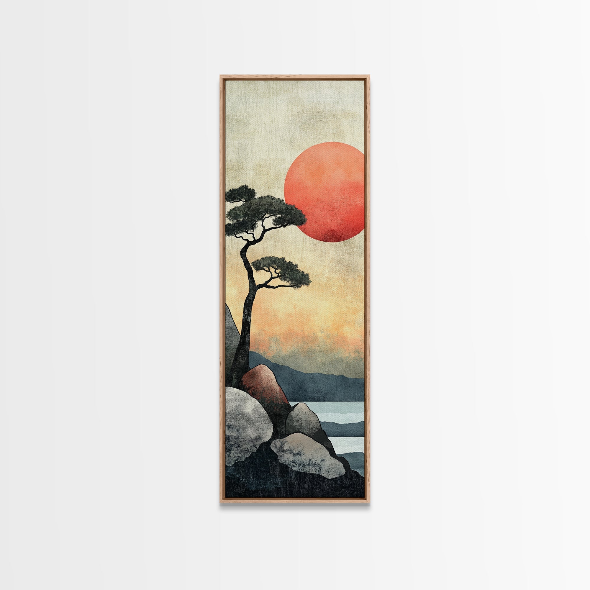 Japanese Landscape with Sunset Canvas Print, Red Sun Over Mountains, Minimalist Nature Art, Coastal Wall Art, Framed Canvas Print, Boho Decor