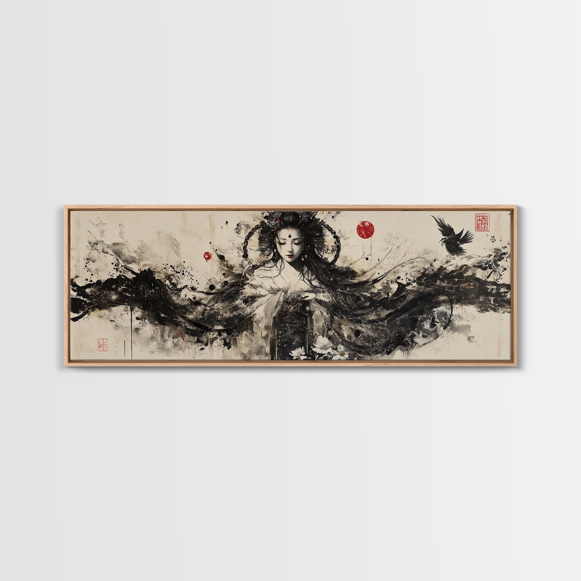 Ethereal Goddess Framed Canvas Print Moody Art Japanese-Style Dark Angels Wall Art Feminine Zen Artwork Rustic Decor