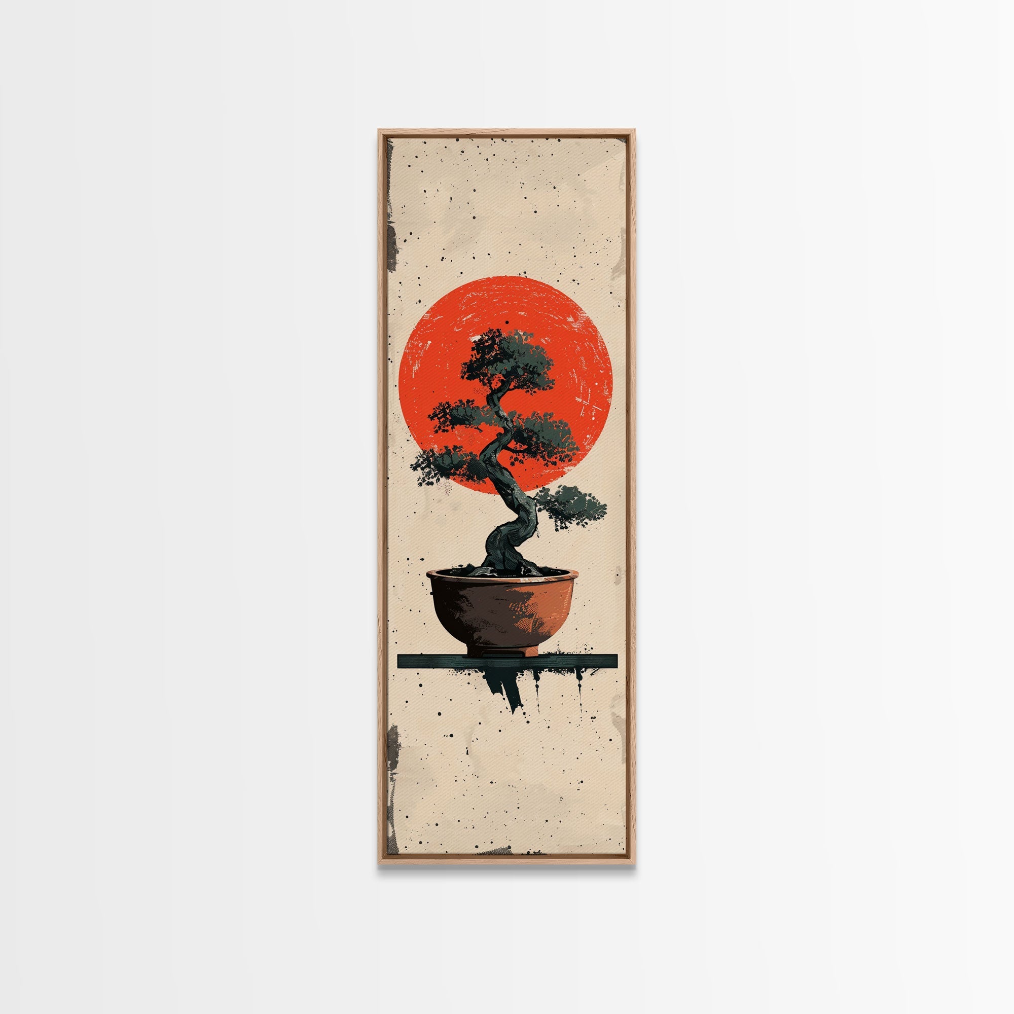 Canvas Print Bonsai Tree Silhouette Against Red Sun, Minimalistic Japanese Style Art For Modern Home, Wall Decoration