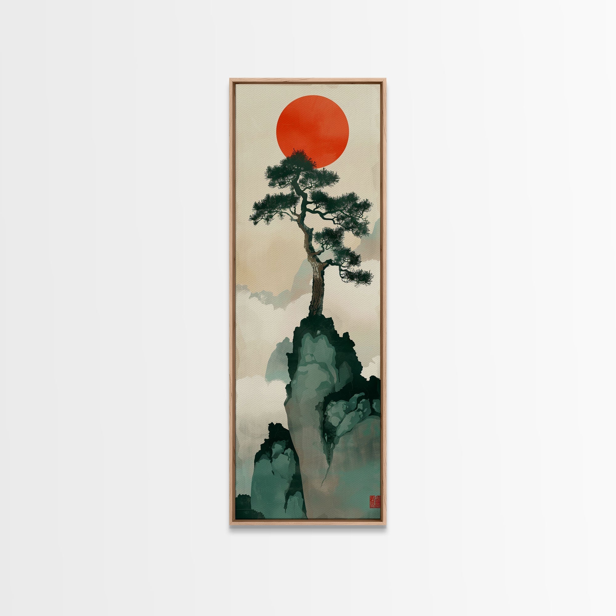 Bonsai Tree Mountain Red Sun Japanese Tall Wall Art Skinny Framed Canvas Print Ukiyo-e Style