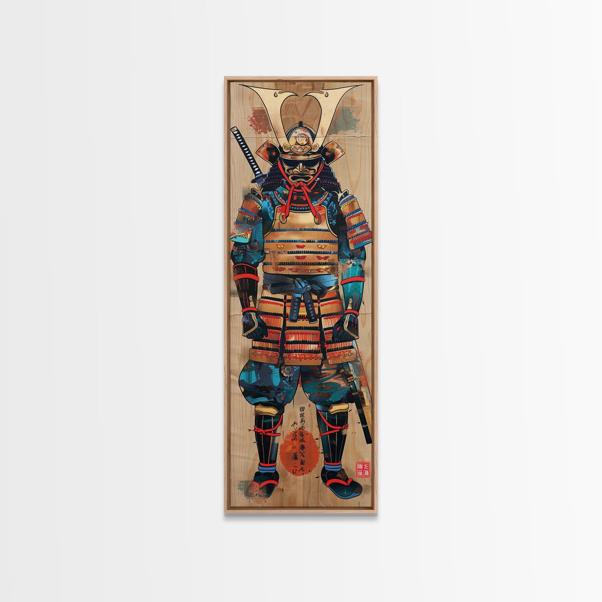 Skinny Art, Tall Art, Samurai Armor Wood Block Print Framed Canvas Print Japanese Style Art Ukiyo-e Art