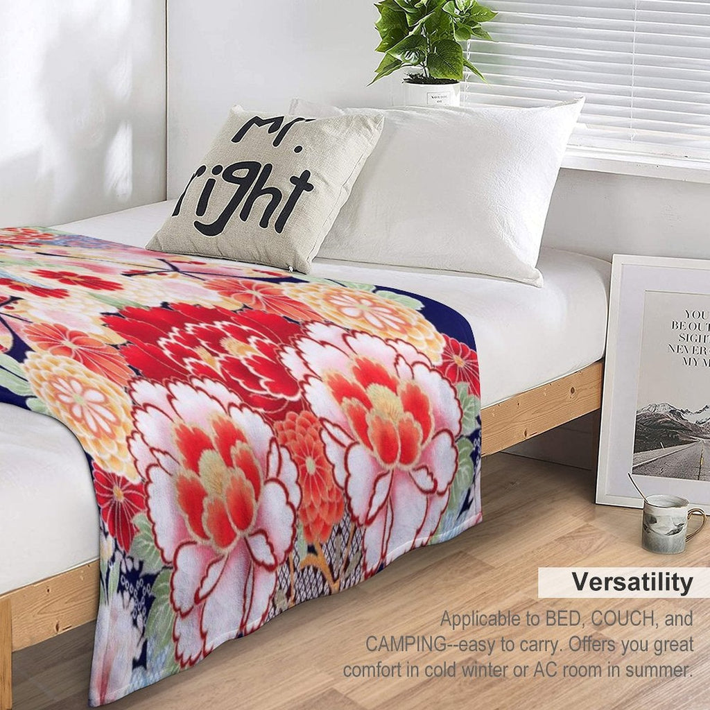 ANTIQUE JAPANESE FLOWERS Pink White Wild Roses Kimono Style Floral Throw Blanket