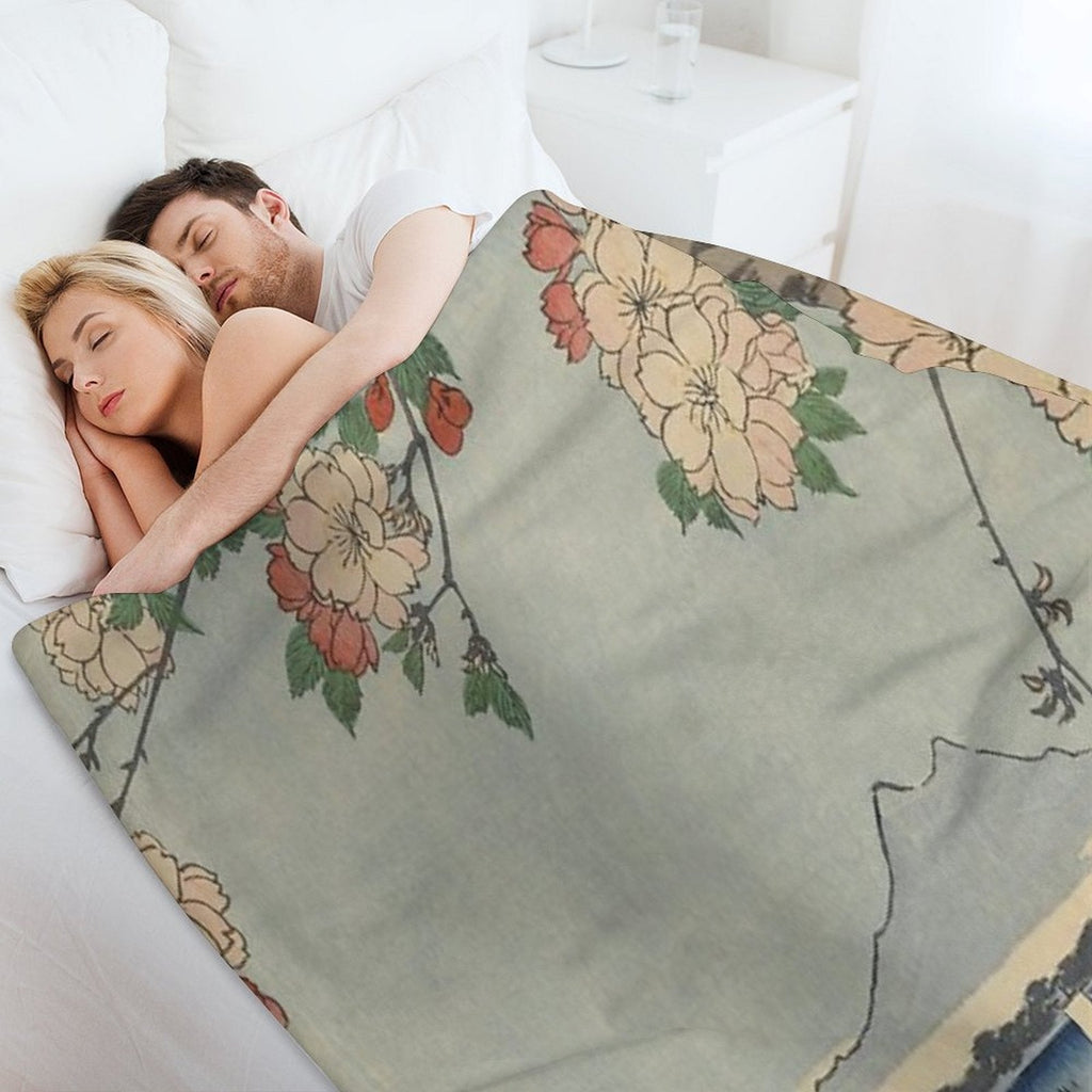 Cherry Blossoms on Spring River Ukiyo-e Japanese Art Throw Blanket