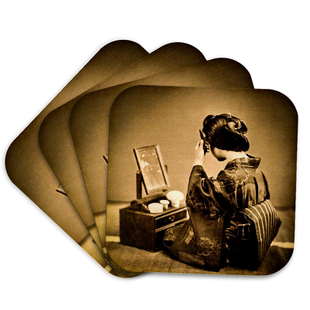 3dRose Scenes from the Past Magic Lantern Slides - Vintage Japanese Geisha Preparing Her Hair and Makeup Circa 1900 - Coasters (cst_246601)