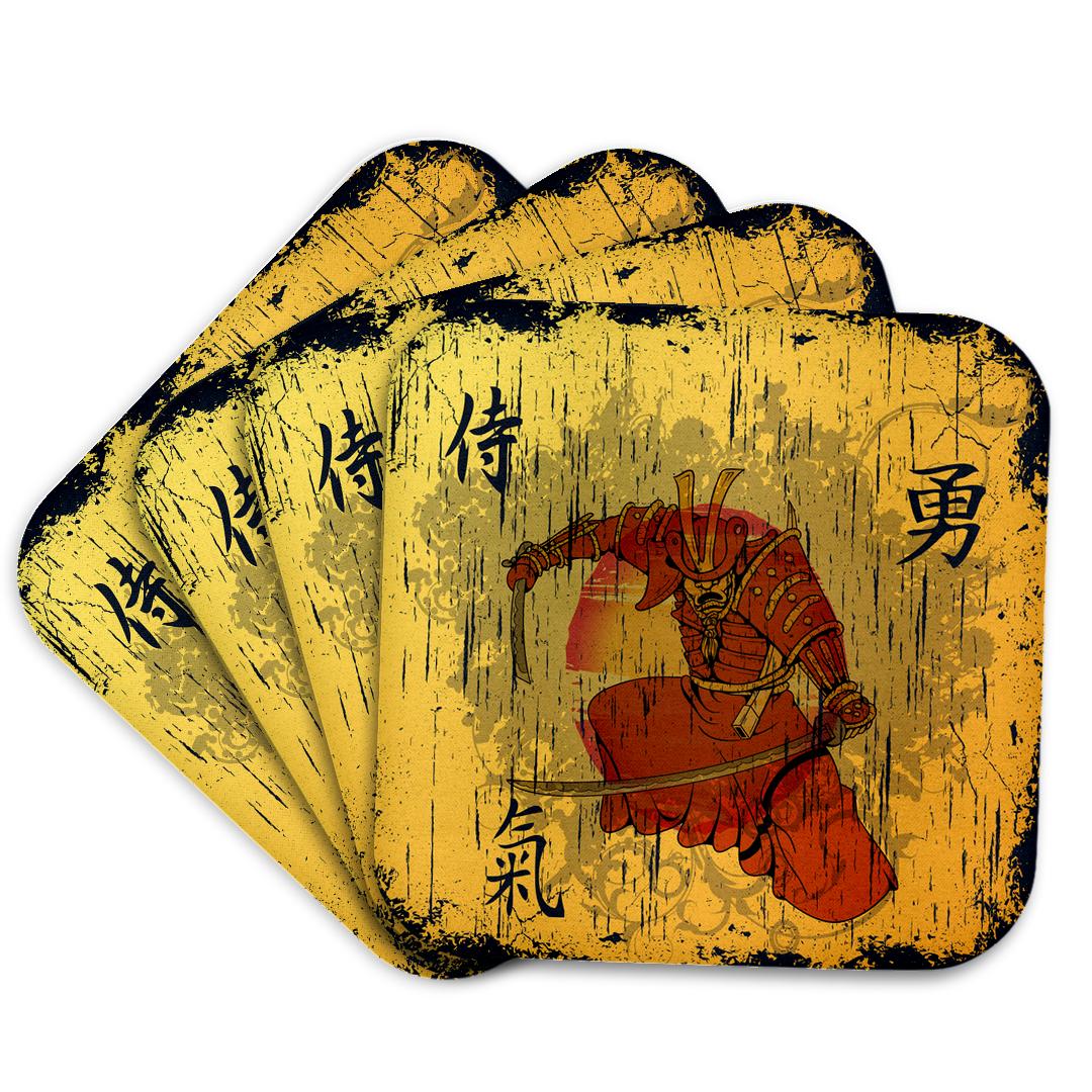 3dRose Dooni Designs Oriental Inspired Designs - Japanese Samurai with Swords Kanji Brave Energy Samurai Symbols Oriental Design - Coasters (CST_116373)