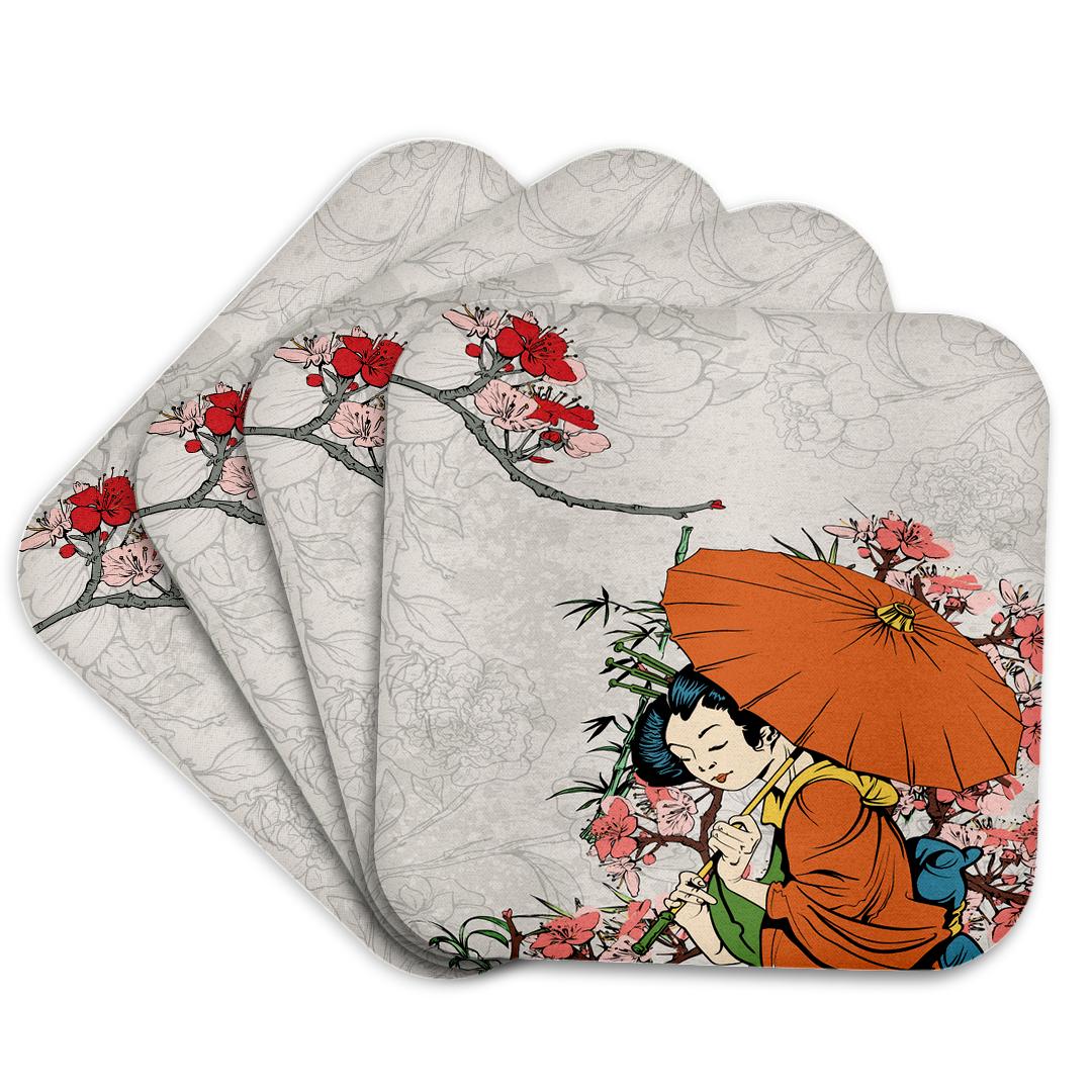 3dRose Dooni Designs Oriental Inspired Designs - Lovely Japanese Geisha with Umbrella and Sakura Cherry Blossom Flowers Illustration - Coasters