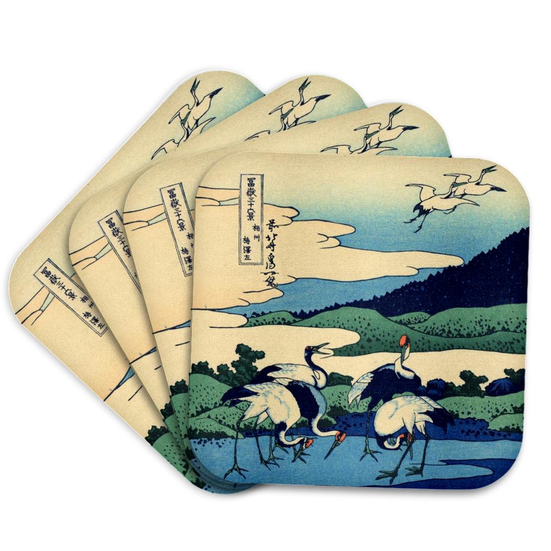 3dRose InspirationzStore Vintage Art - Umegawa in Sagami Province by Hokusai - Japanese fine art - blue classic Japan ukiyoe birds cranes - Coasters (cst_162565)