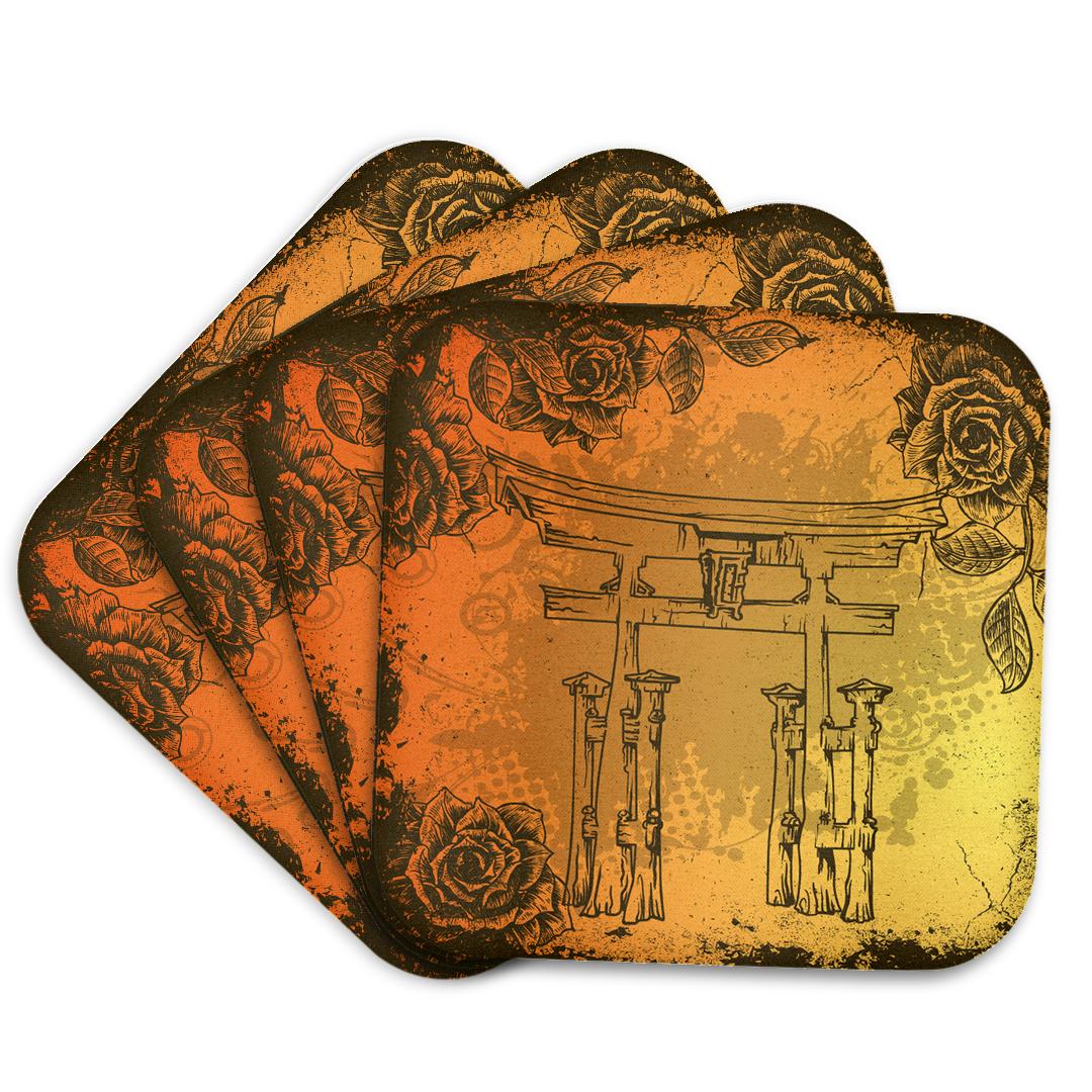 3dRose Dooni Designs Oriental Inspired Designs - Japanese Style Gate With Vintage Faux Etches Roses Oriental Asian Inspired Art Gift - Coasters (cst_116374)