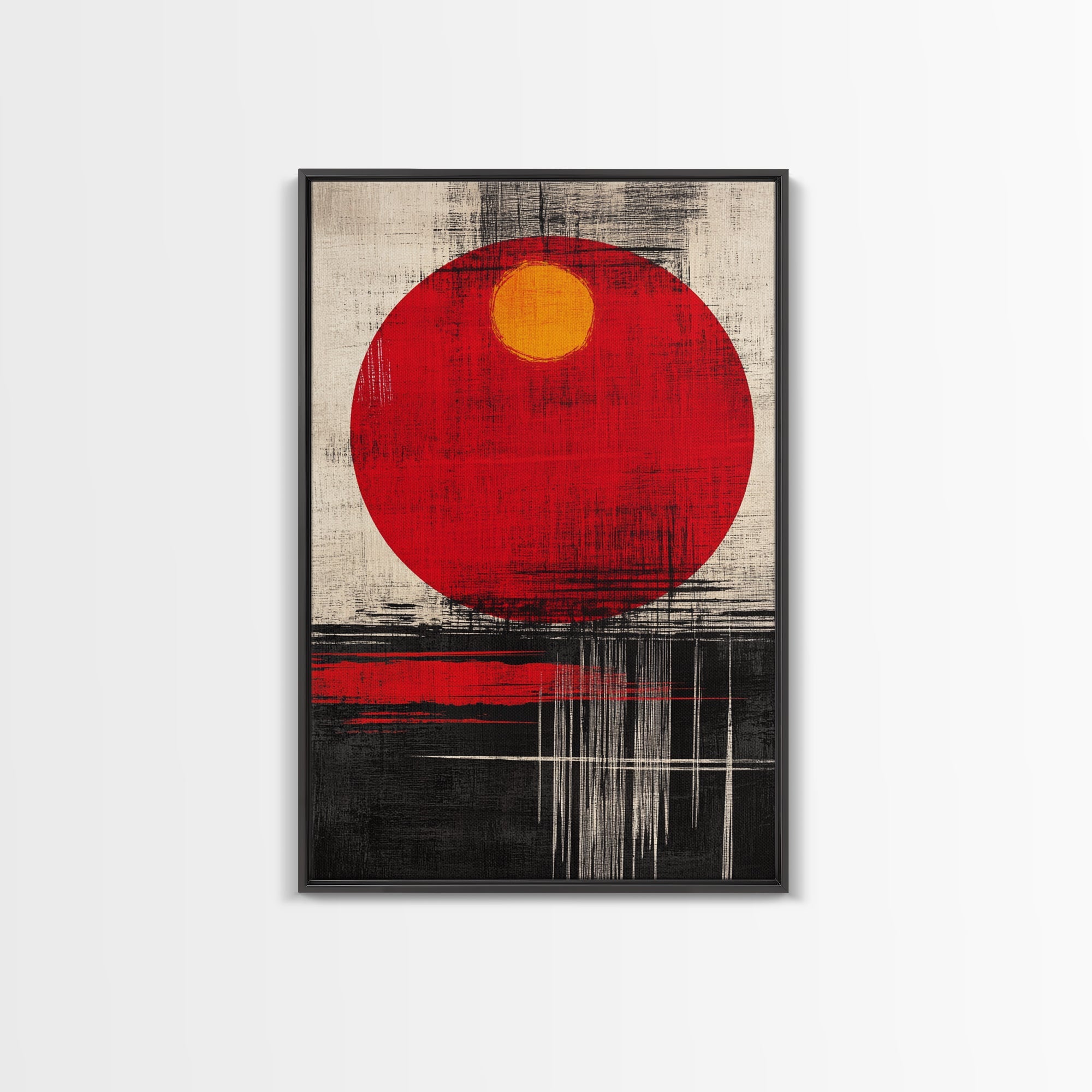 The Rising Sun, Framed Canvas Print, Retro Japanese Wood Block Print Style Artwork, Vintage / Distressed Wall Art, Office Decor