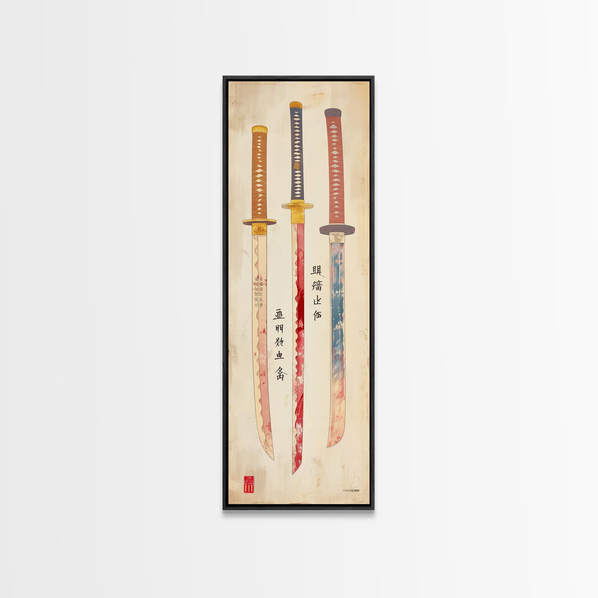 Three Ornate Samurai Swords Displayed Traditional Japanese Style On A Vintage Background Tall Framed Canvas Print Historical Decor