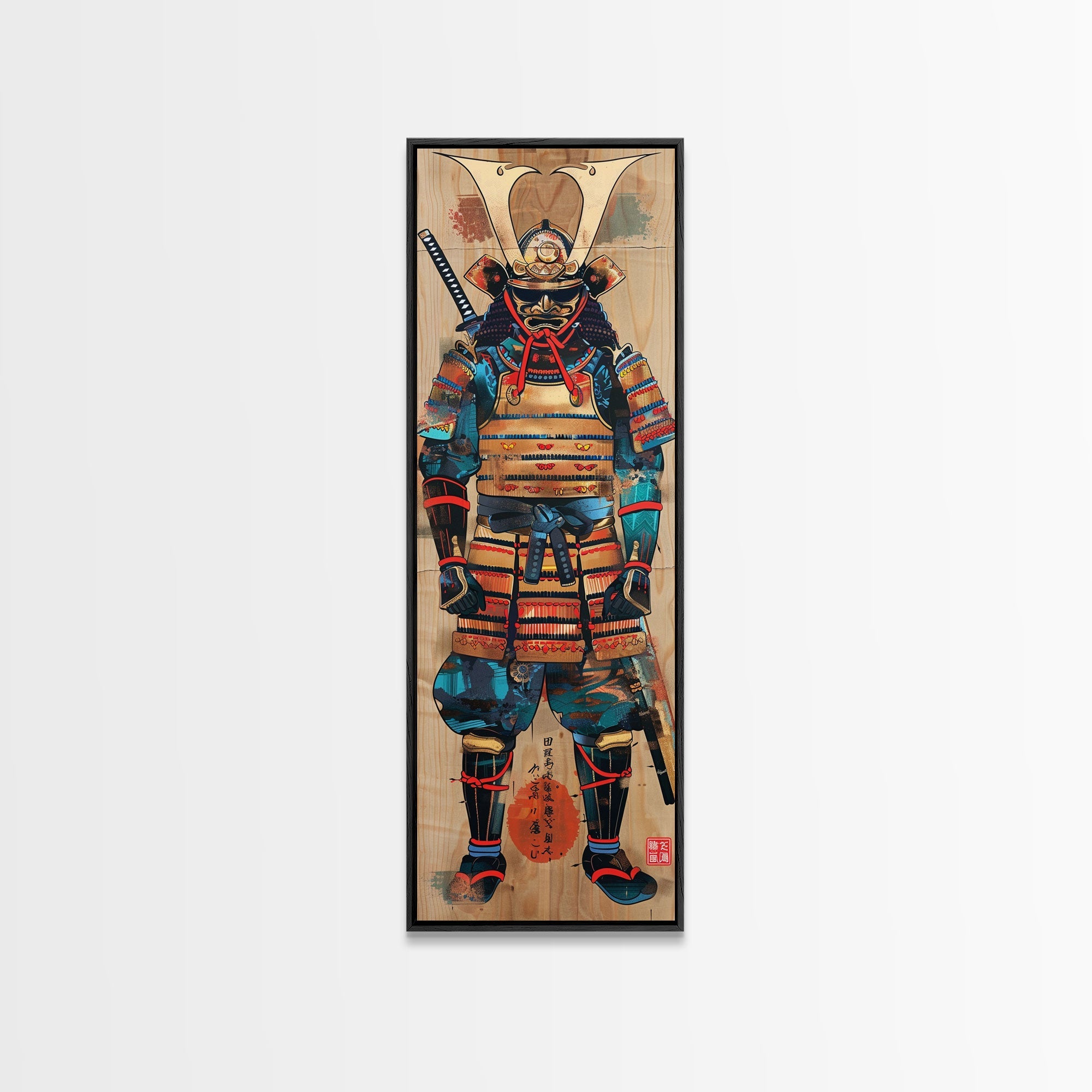 Skinny Art, Tall Art, Samurai Armor Wood Block Print Framed Canvas Print Japanese Style Art Ukiyo-e Art
