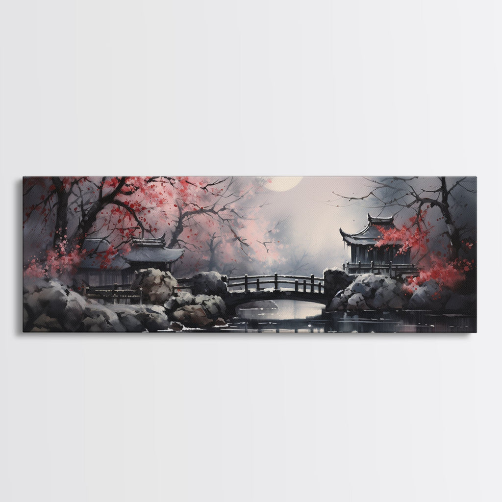 Japanese Hashi Bridge in The Spring, Framed Canvas Print, Japanese Maple Trees Along A Stream, Asian Inspired Artwork