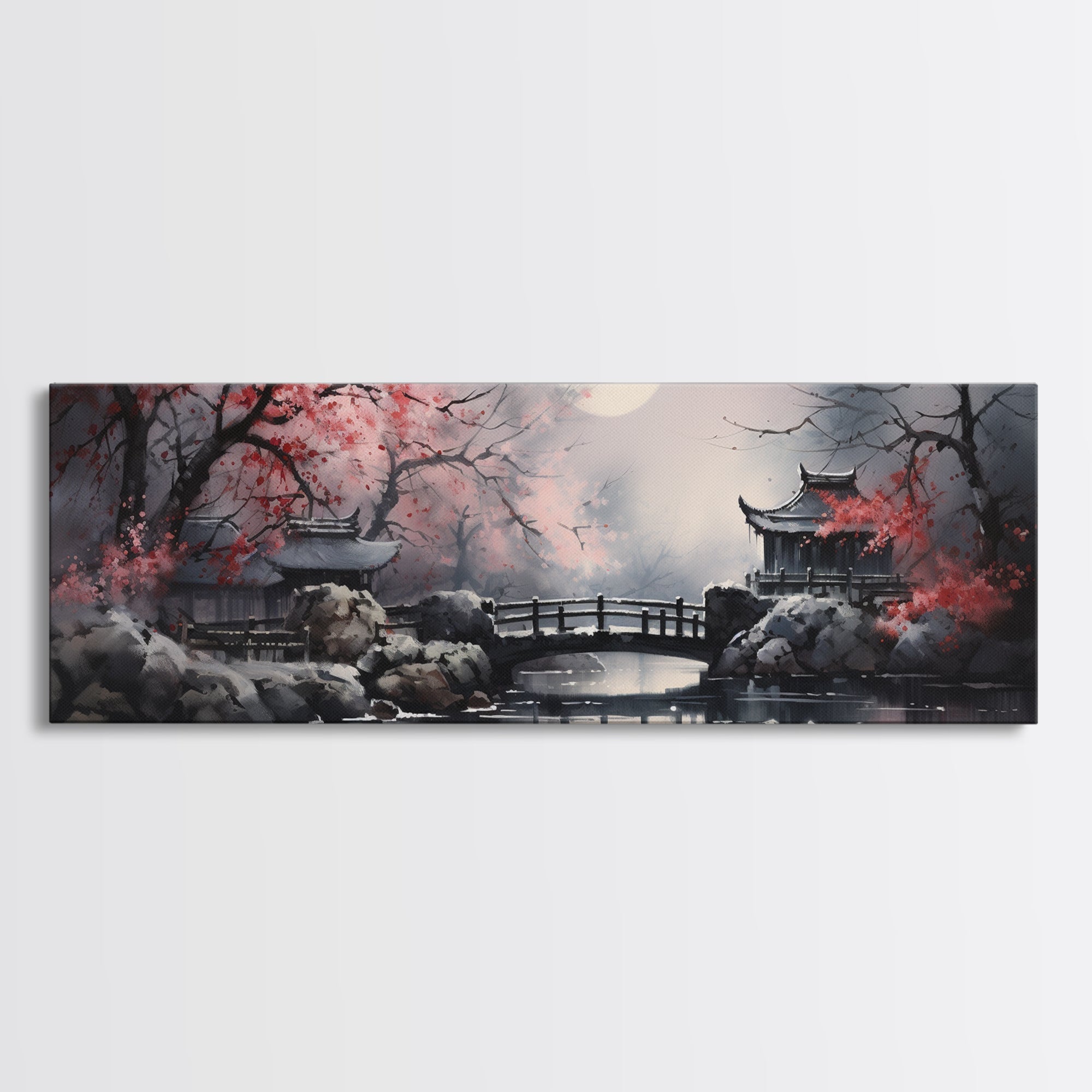 Japanese Hashi Bridge in The Spring, Framed Canvas Print, Japanese Maple Trees Along A Stream, Asian Inspired Artwork