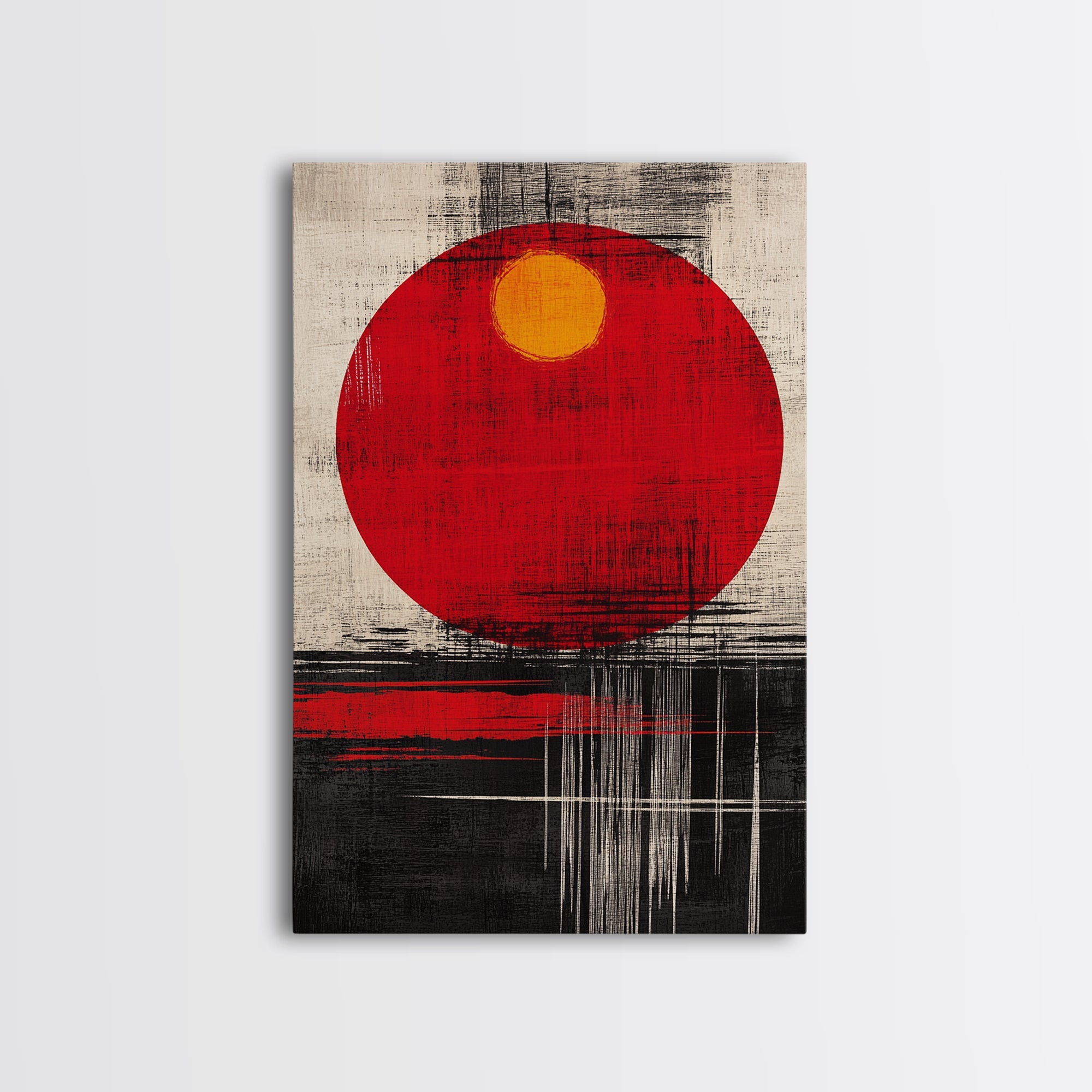 The Rising Sun, Framed Canvas Print, Retro Japanese Wood Block Print Style Artwork, Vintage / Distressed Wall Art, Office Decor