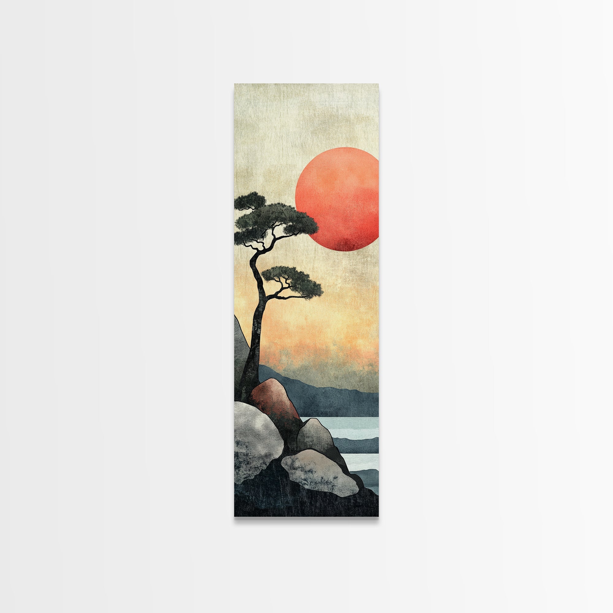 Japanese Landscape with Sunset Canvas Print, Red Sun Over Mountains, Minimalist Nature Art, Coastal Wall Art, Framed Canvas Print, Boho Decor