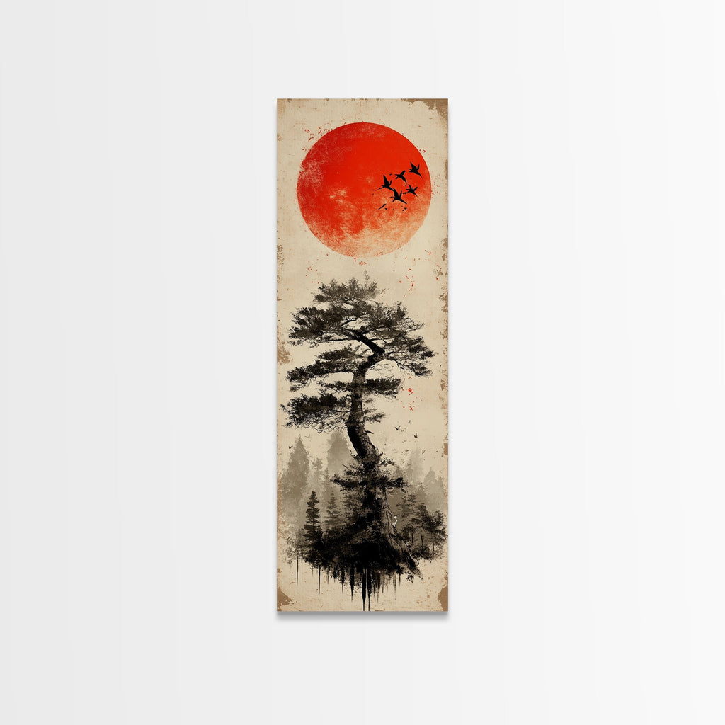 Bold Red Sun Pine Tree Framed Canvas Print Japanese Inspired Minimalist Wall Art Rustic Zen Decor Unique Vertical Nature Artwork