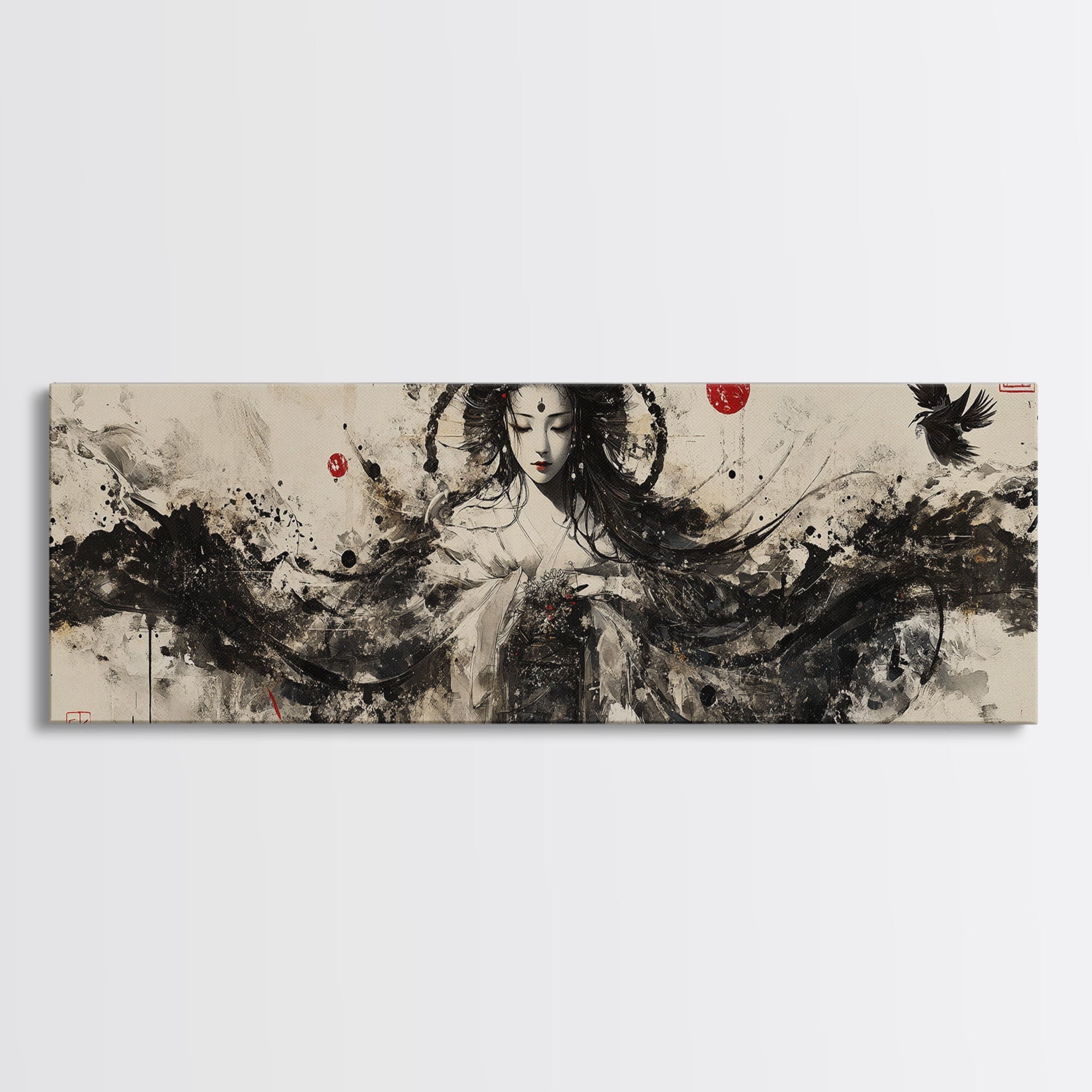 Ethereal Goddess Framed Canvas Print Moody Art Japanese-Style Dark Angels Wall Art Feminine Zen Artwork Rustic Decor