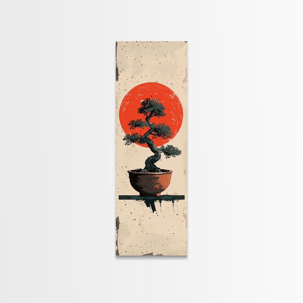 Canvas Print Bonsai Tree Silhouette Against Red Sun, Minimalistic Japanese Style Art For Modern Home, Wall Decoration