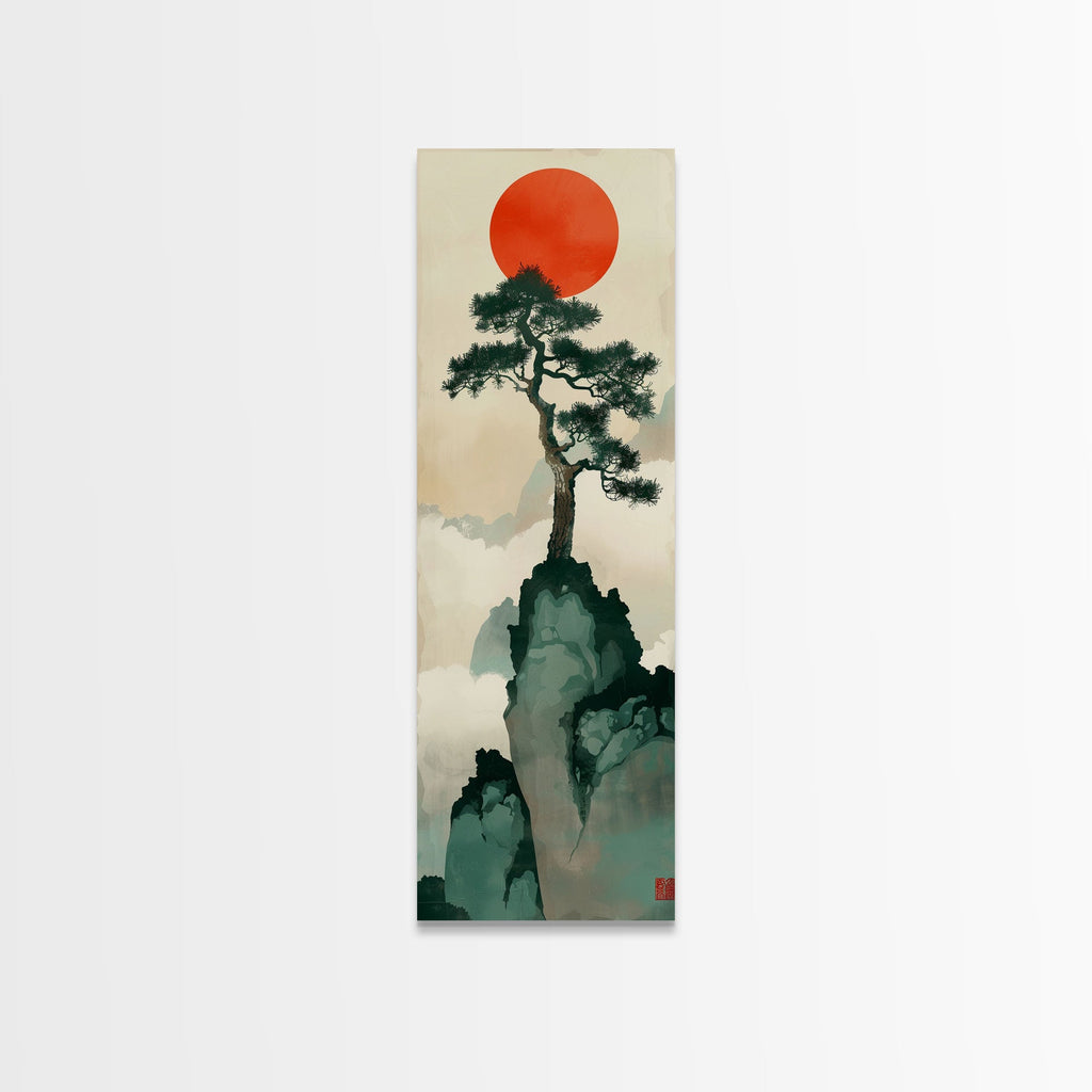 Bonsai Tree Mountain Red Sun Japanese Tall Wall Art Skinny Framed Canvas Print Ukiyo-e Style