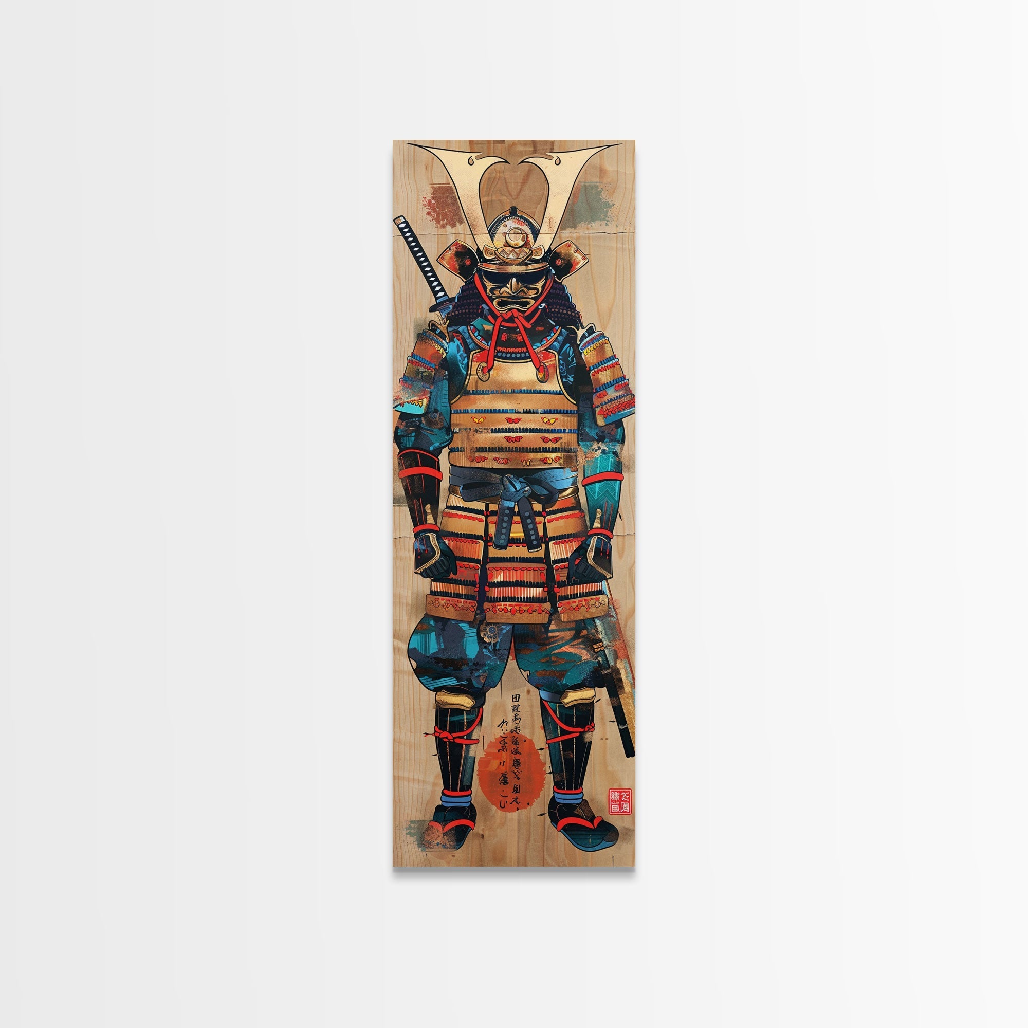 Skinny Art, Tall Art, Samurai Armor Wood Block Print Framed Canvas Print Japanese Style Art Ukiyo-e Art