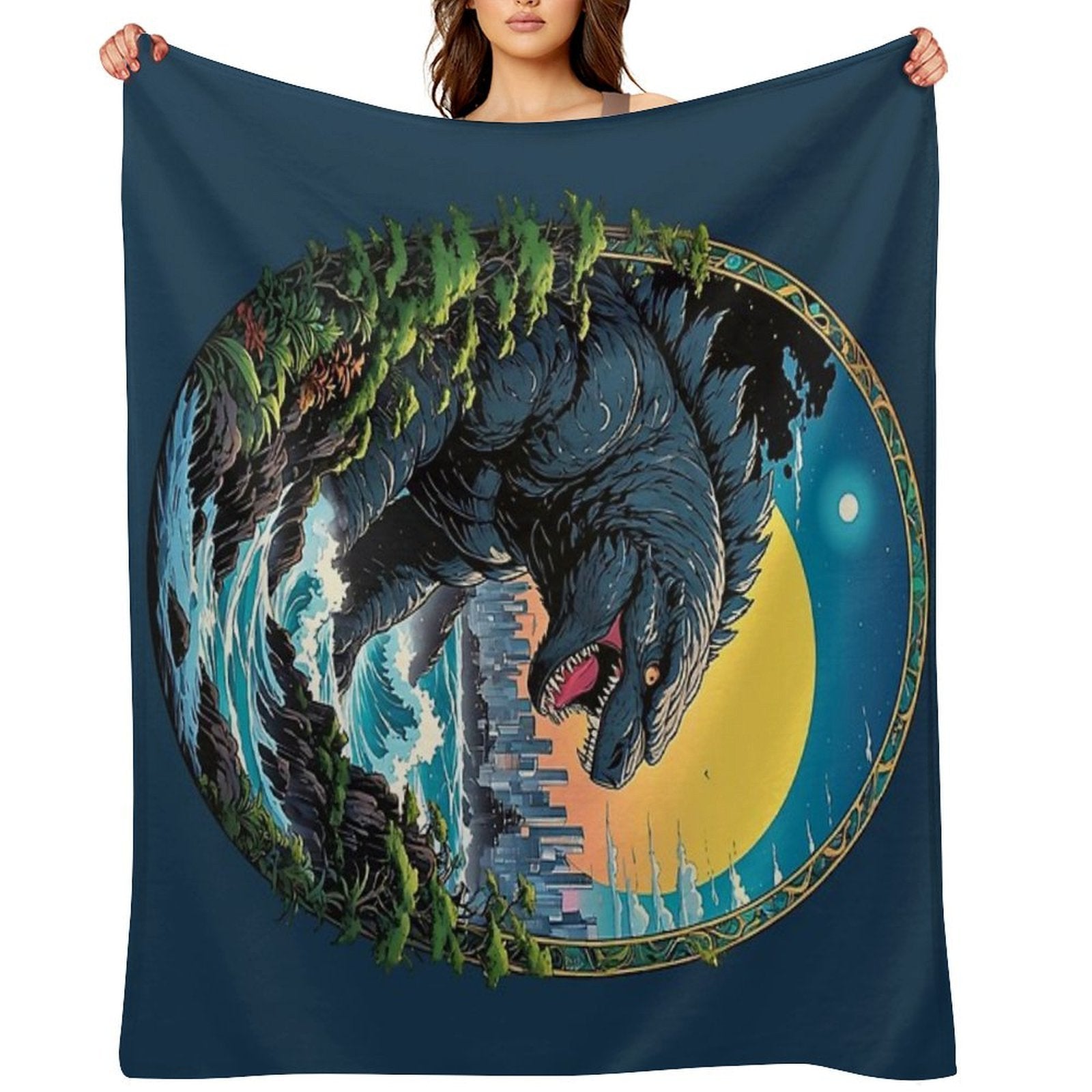 Godzilla Water Monster Gojira Retro Anime Japanese Art Throw Blanket