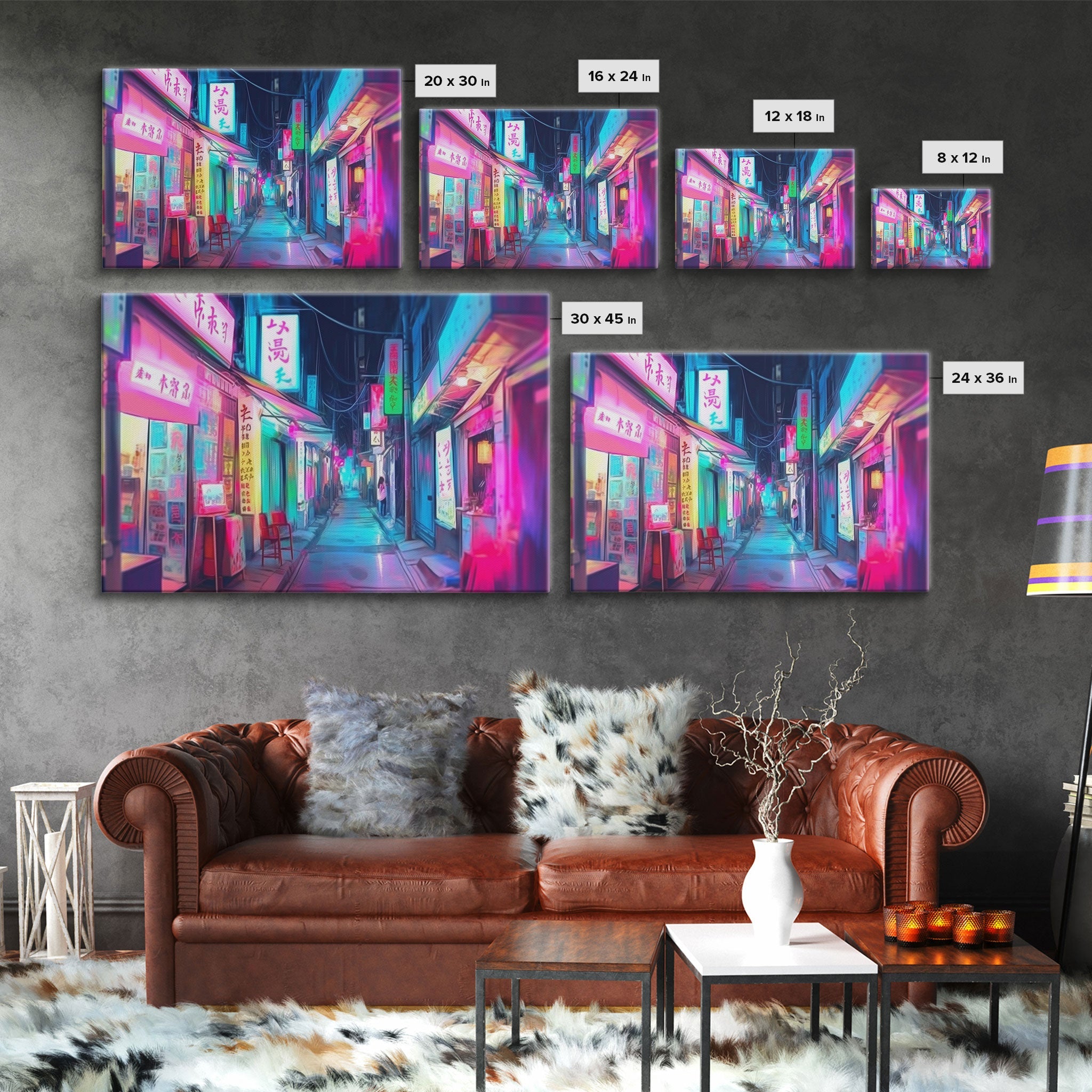 Retro Japanese market Wall art, Framed Canvas Print, Neon Style, Living room decor, Pop Art, Neon colors, Pink colors, Above bed art