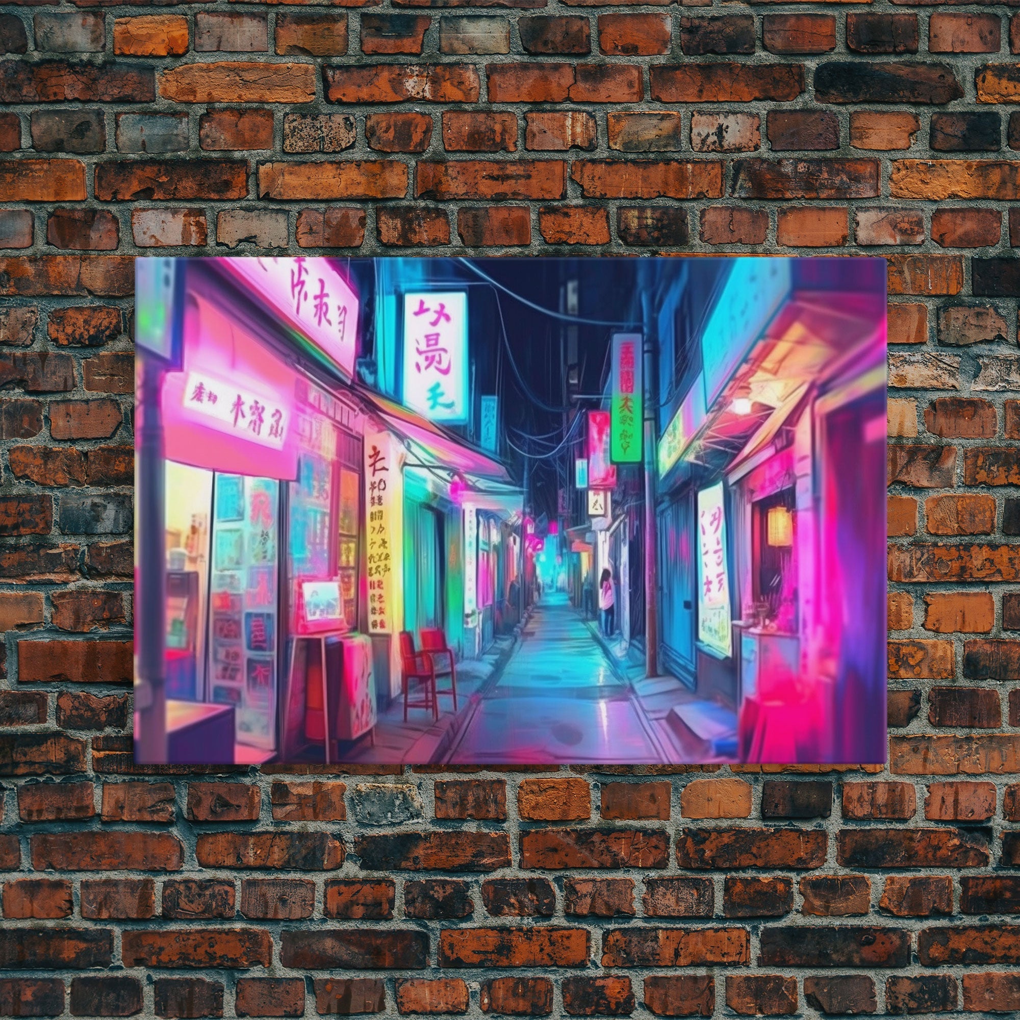 Retro Japanese market Wall art, Framed Canvas Print, Neon Style, Living room decor, Pop Art, Neon colors, Pink colors, Above bed art