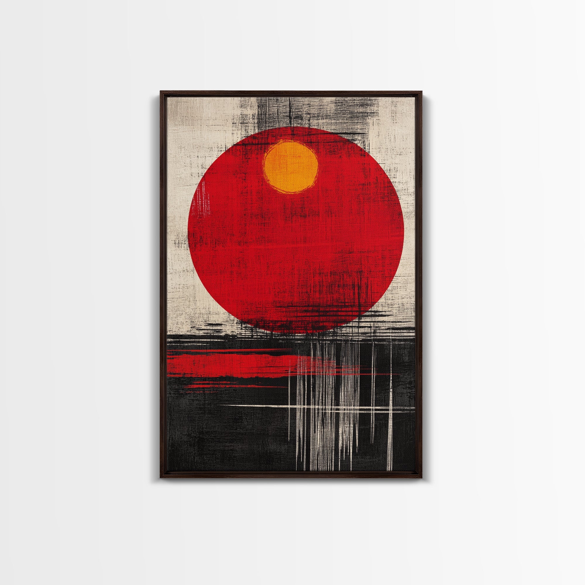 The Rising Sun, Framed Canvas Print, Retro Japanese Wood Block Print Style Artwork, Vintage / Distressed Wall Art, Office Decor