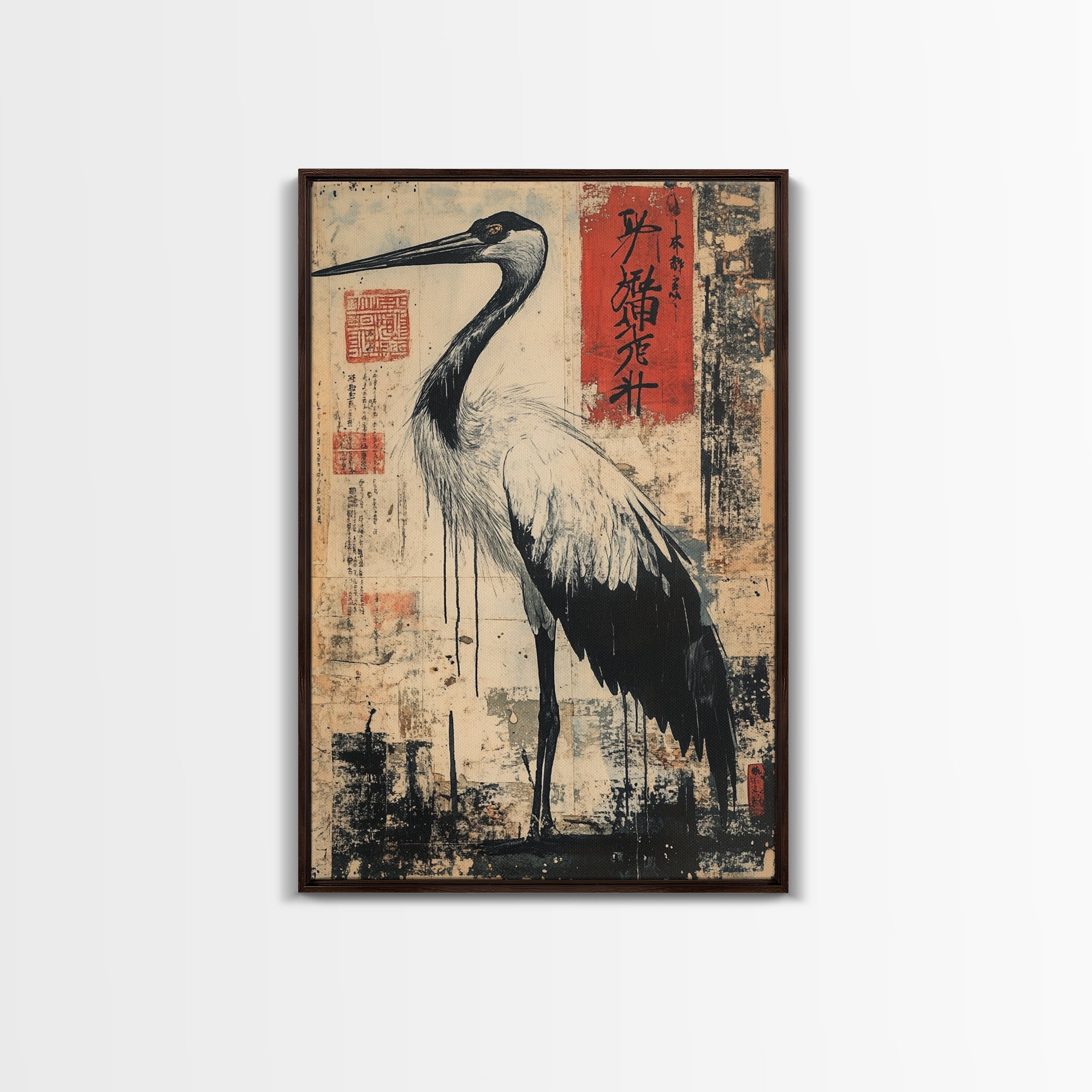 Blue Heron Wall Art Framed Canvas Print Ready To Hang, Japanese Style Wabi Sabi Art, Coastoal Decor