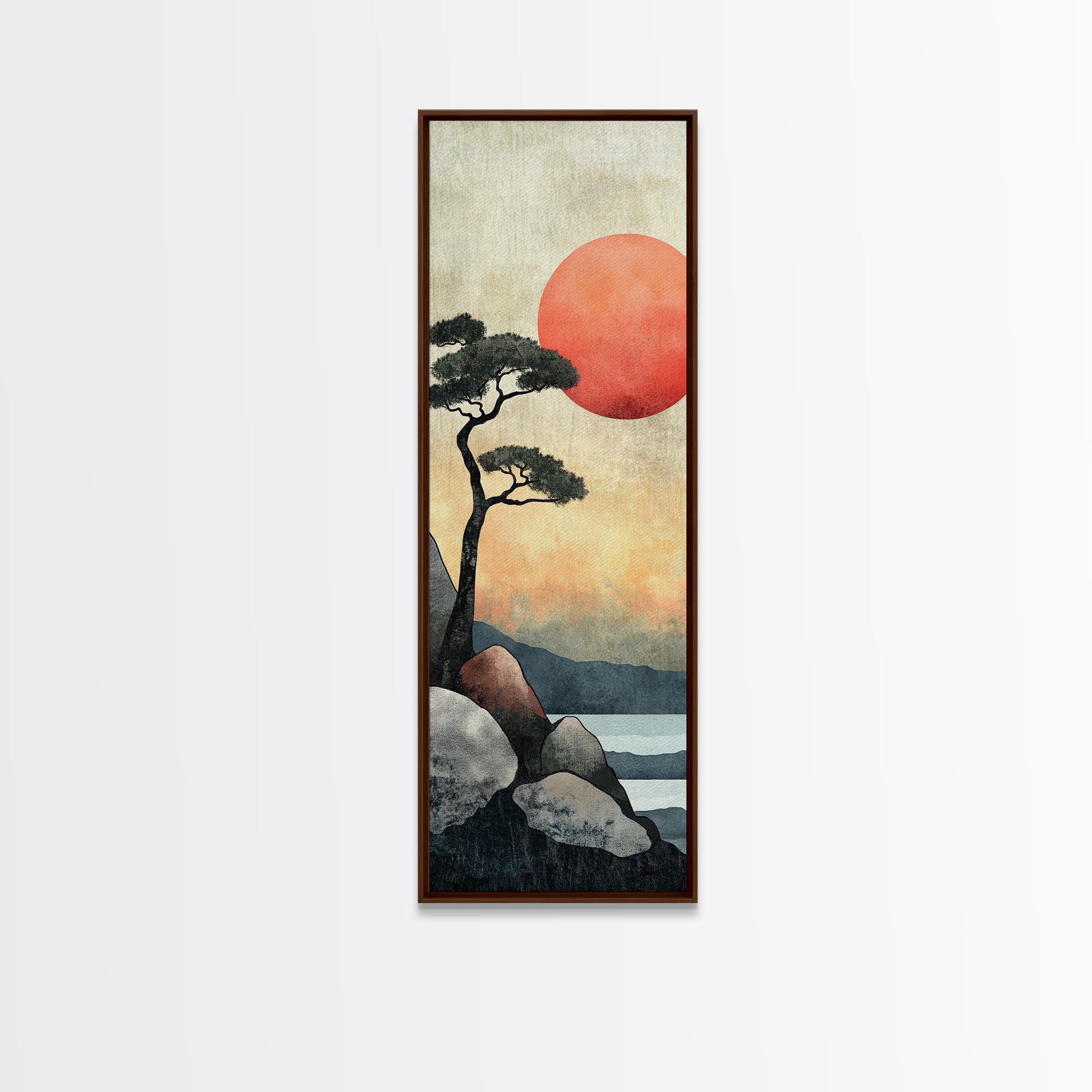 Japanese Landscape with Sunset Canvas Print, Red Sun Over Mountains, Minimalist Nature Art, Coastal Wall Art, Framed Canvas Print, Boho Decor