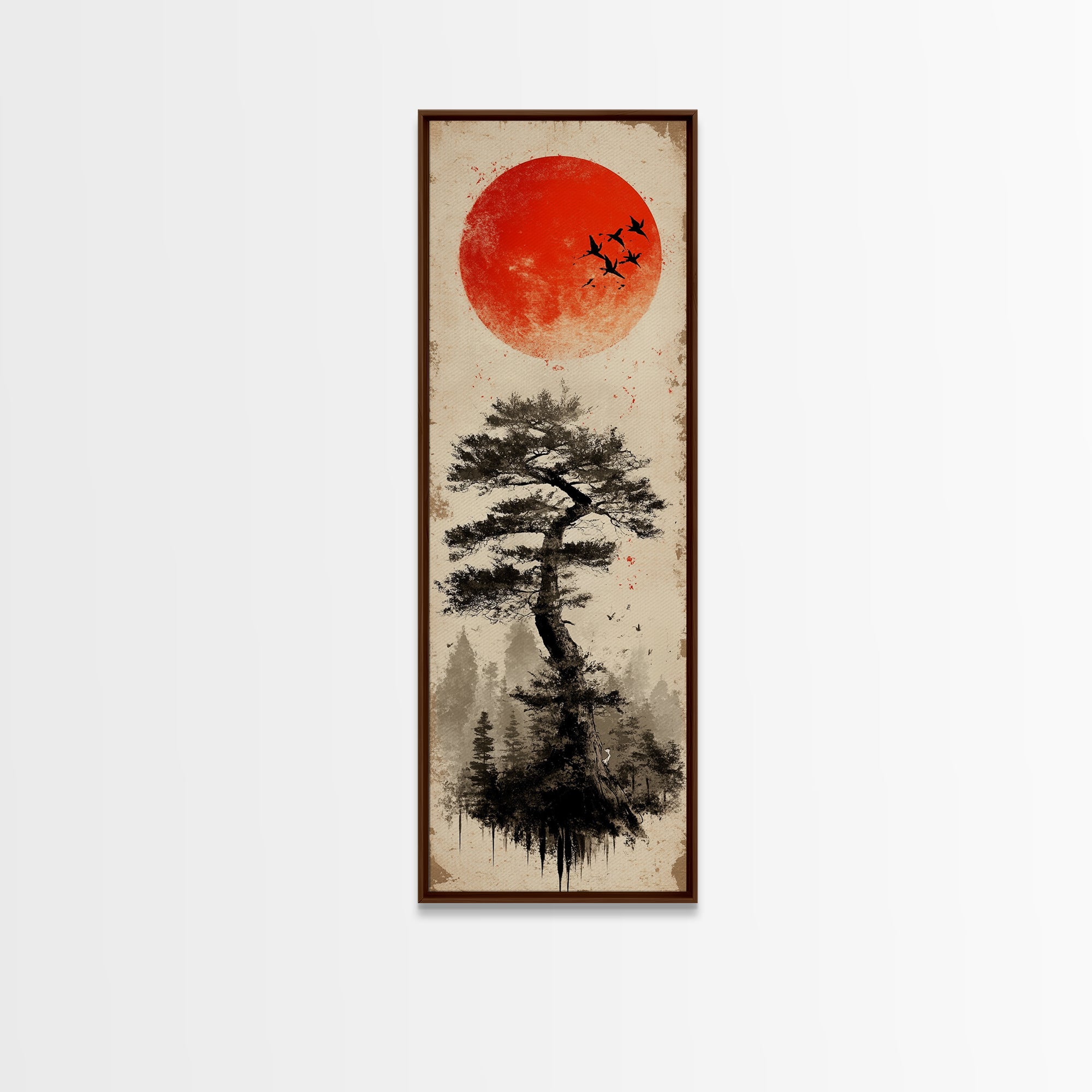 Bold Red Sun Pine Tree Framed Canvas Print Japanese Inspired Minimalist Wall Art Rustic Zen Decor Unique Vertical Nature Artwork