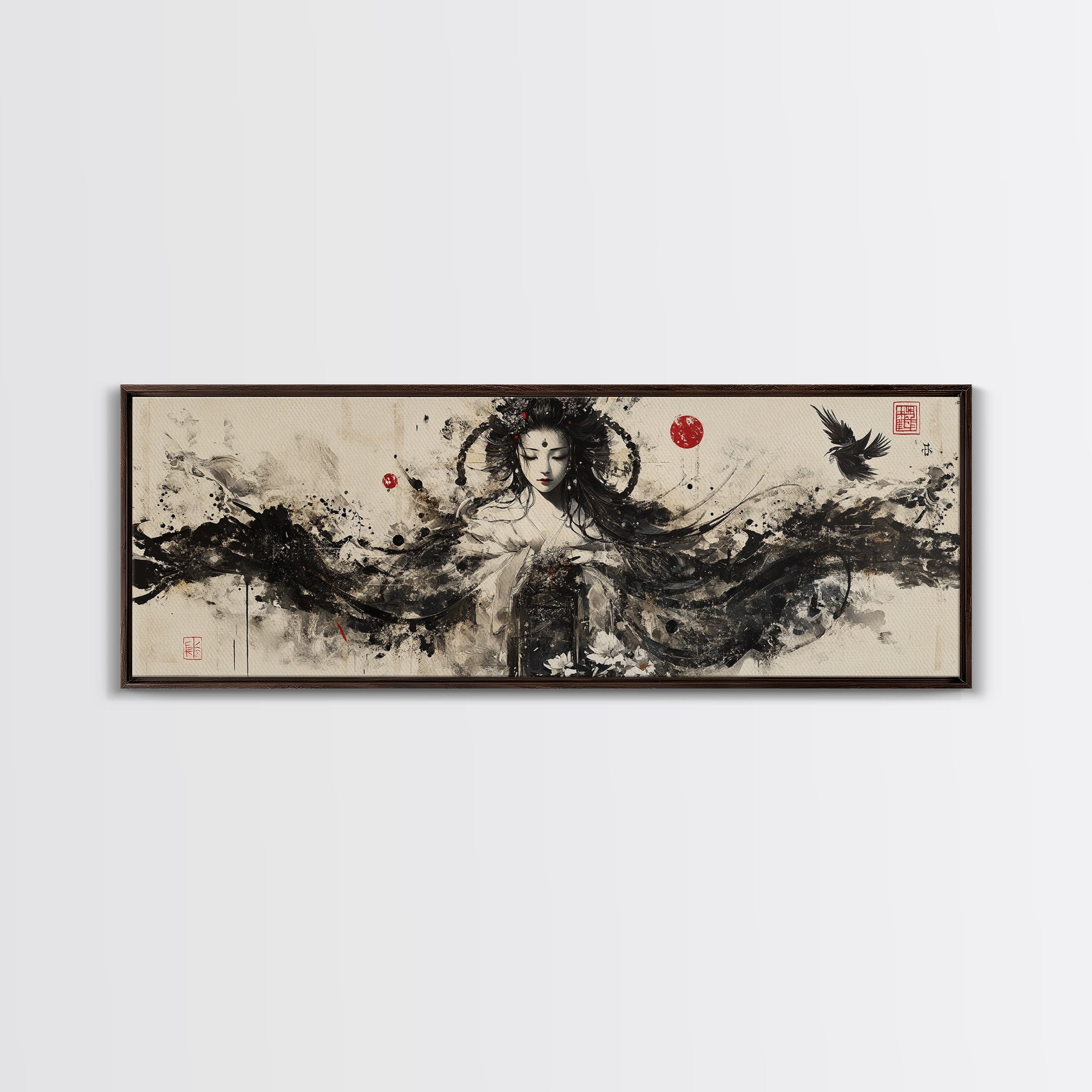 Ethereal Goddess Framed Canvas Print Moody Art Japanese-Style Dark Angels Wall Art Feminine Zen Artwork Rustic Decor