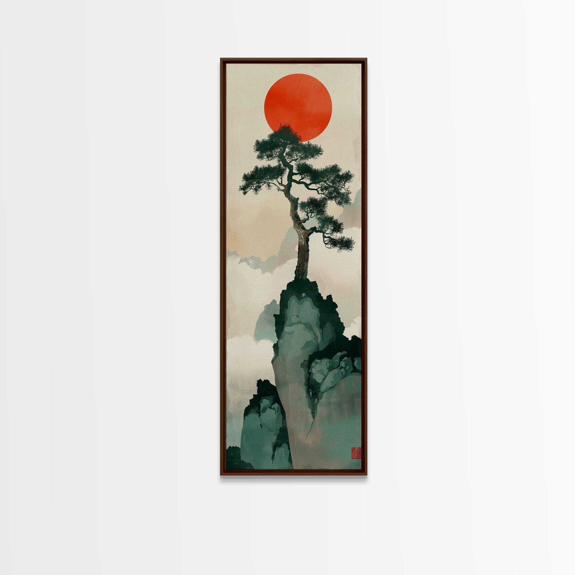 Bonsai Tree Mountain Red Sun Japanese Tall Wall Art Skinny Framed Canvas Print Ukiyo-e Style