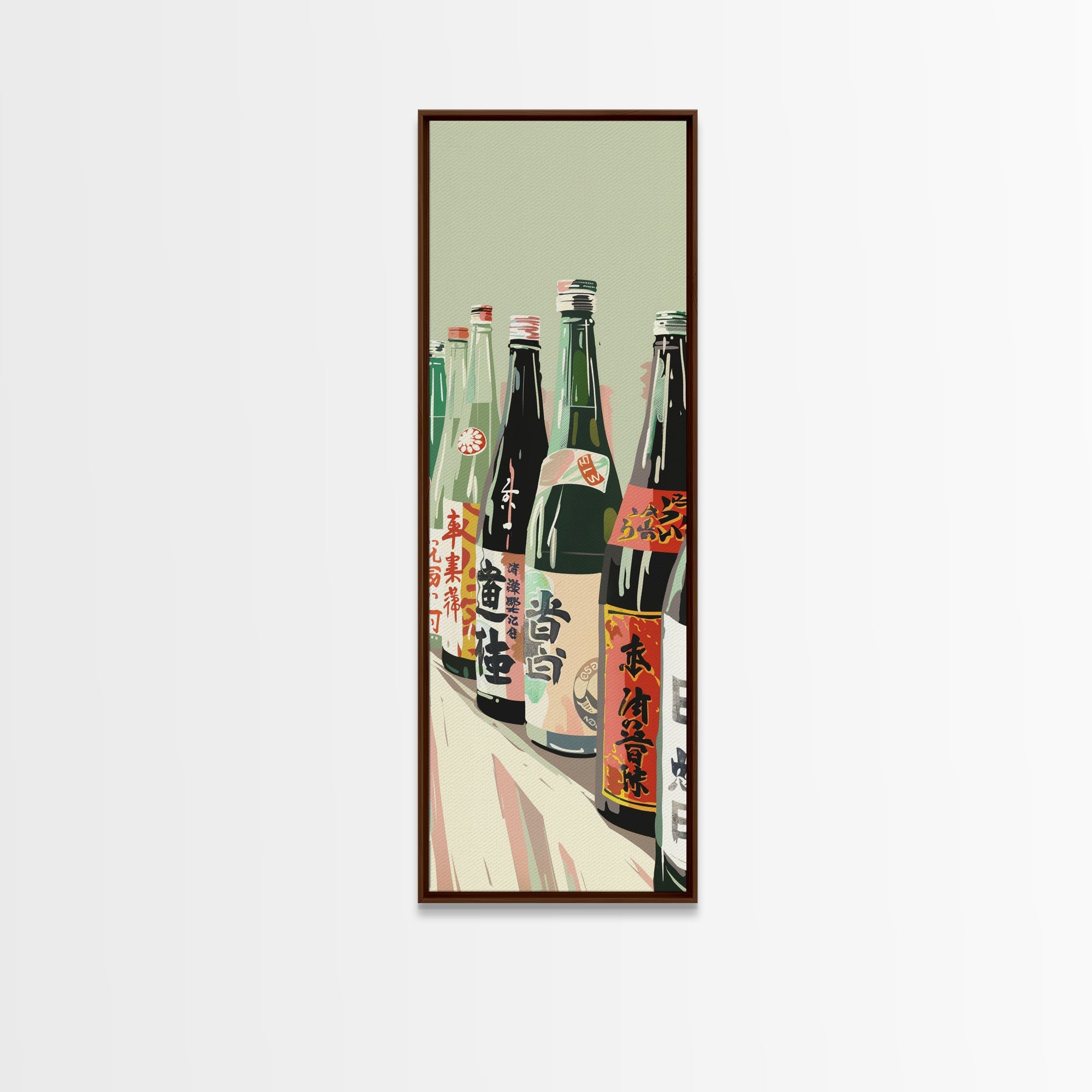 Array Of Japanese Sake Bottles With Minimalistic Labels Arranged Simple Composition Captured Tall Framed Canvas Print Bar Decor