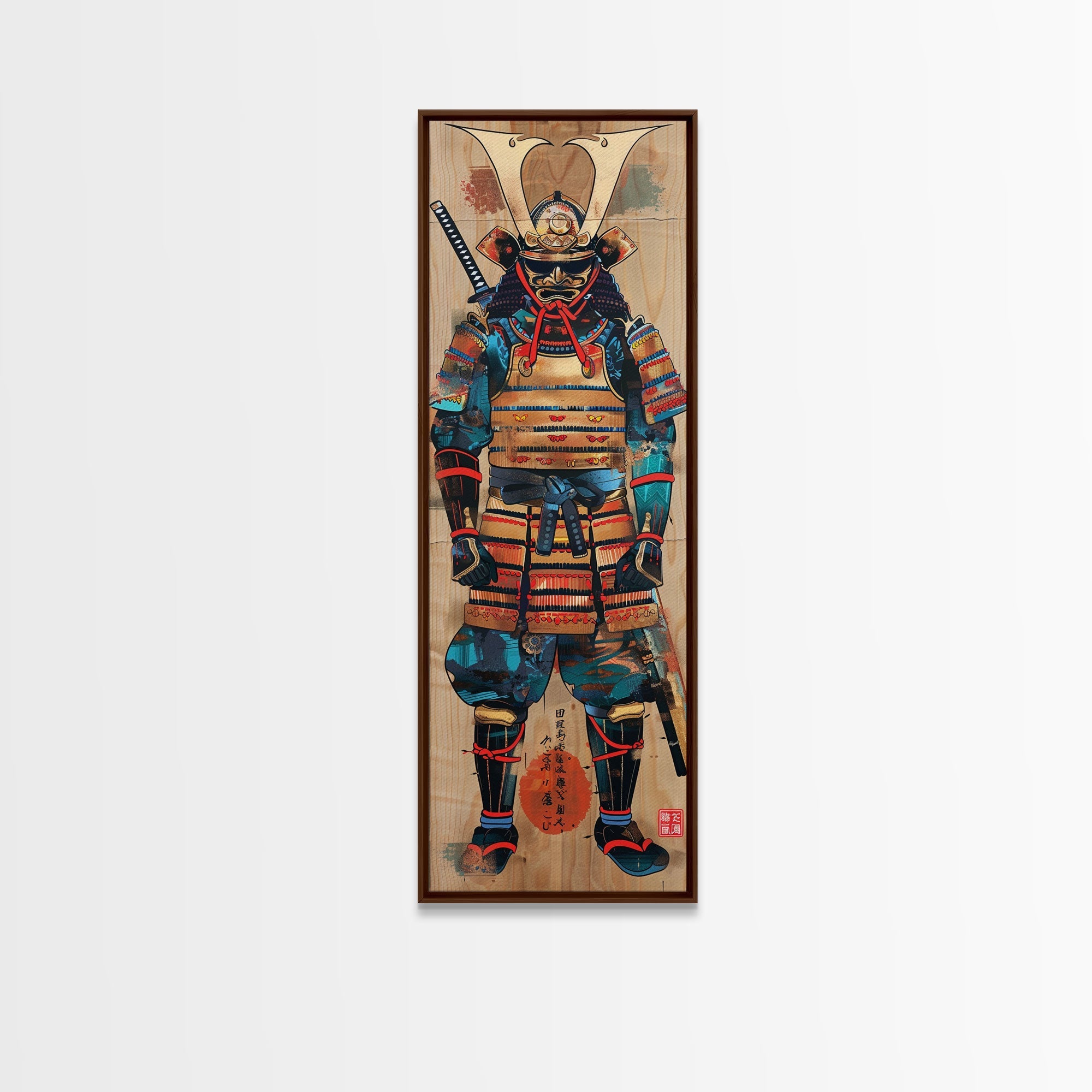 Skinny Art, Tall Art, Samurai Armor Wood Block Print Framed Canvas Print Japanese Style Art Ukiyo-e Art