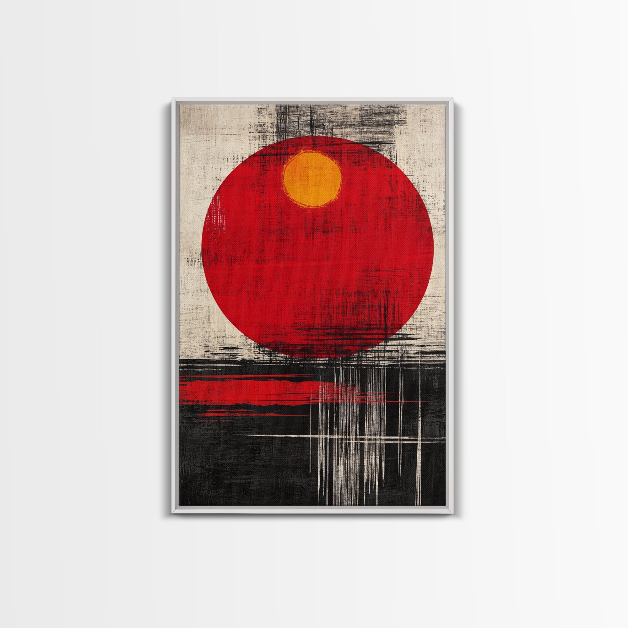 The Rising Sun, Framed Canvas Print, Retro Japanese Wood Block Print Style Artwork, Vintage / Distressed Wall Art, Office Decor