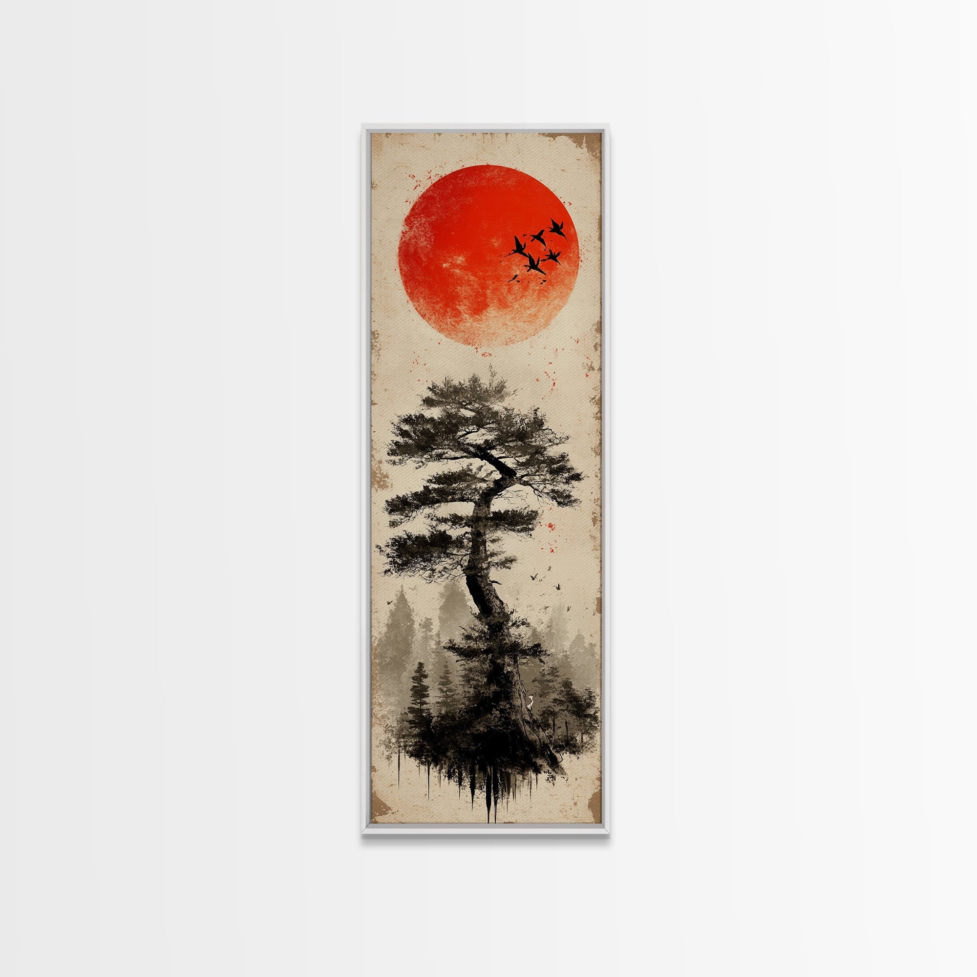 Bold Red Sun Pine Tree Framed Canvas Print Japanese Inspired Minimalist Wall Art Rustic Zen Decor Unique Vertical Nature Artwork