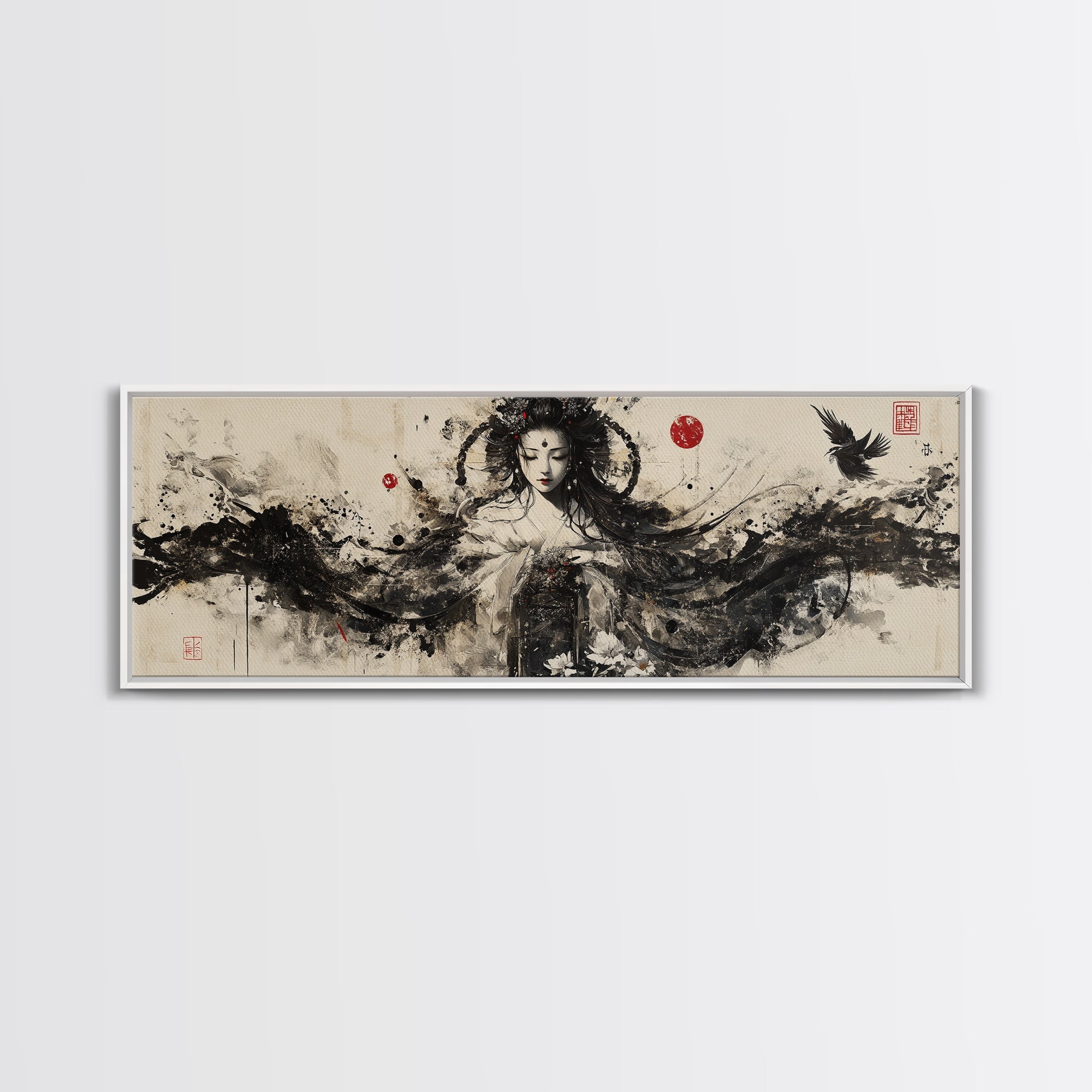 Ethereal Goddess Framed Canvas Print Moody Art Japanese-Style Dark Angels Wall Art Feminine Zen Artwork Rustic Decor