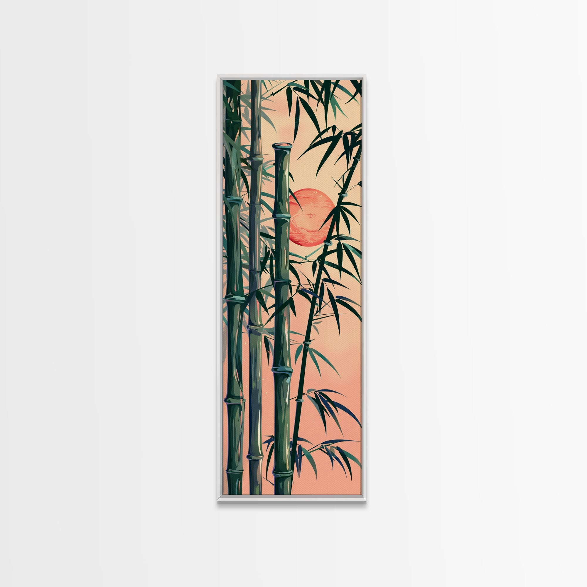 Framed Canvas Print Of Bamboo Stalks And Red Sun, Traditional Japanese Style Wall Art Ready To Hang For Asian Inspired Decor
