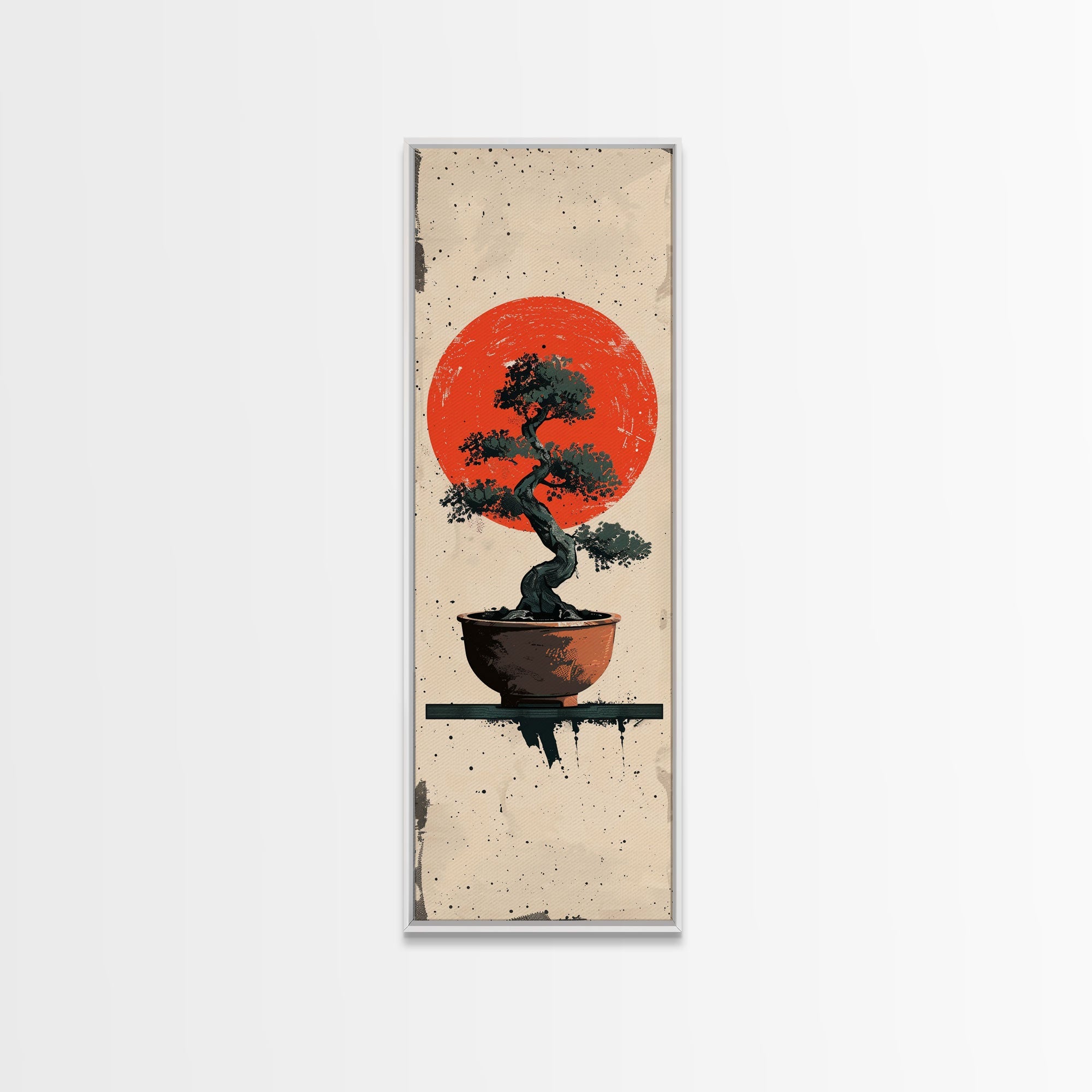 Canvas Print Bonsai Tree Silhouette Against Red Sun, Minimalistic Japanese Style Art For Modern Home, Wall Decoration