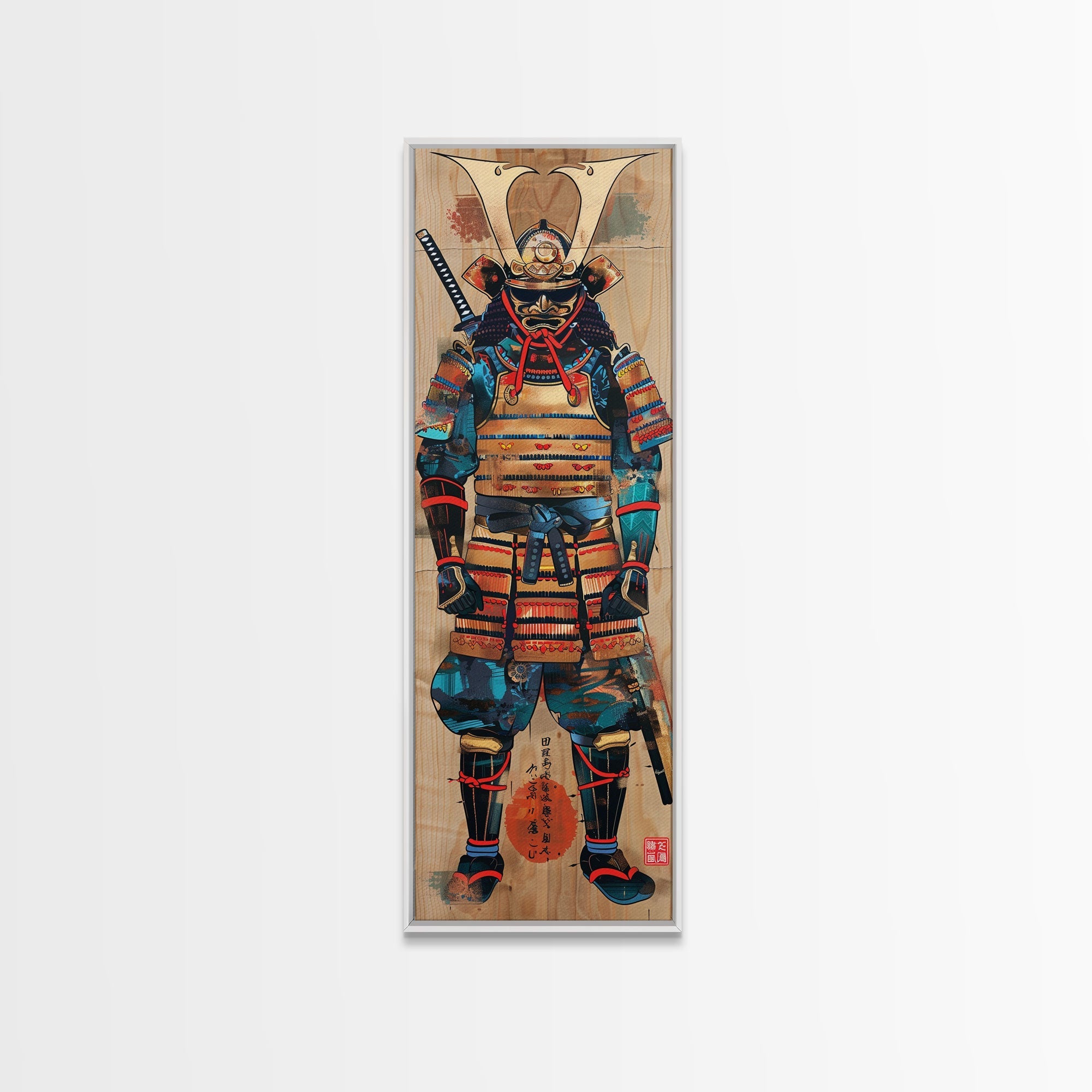 Skinny Art, Tall Art, Samurai Armor Wood Block Print Framed Canvas Print Japanese Style Art Ukiyo-e Art
