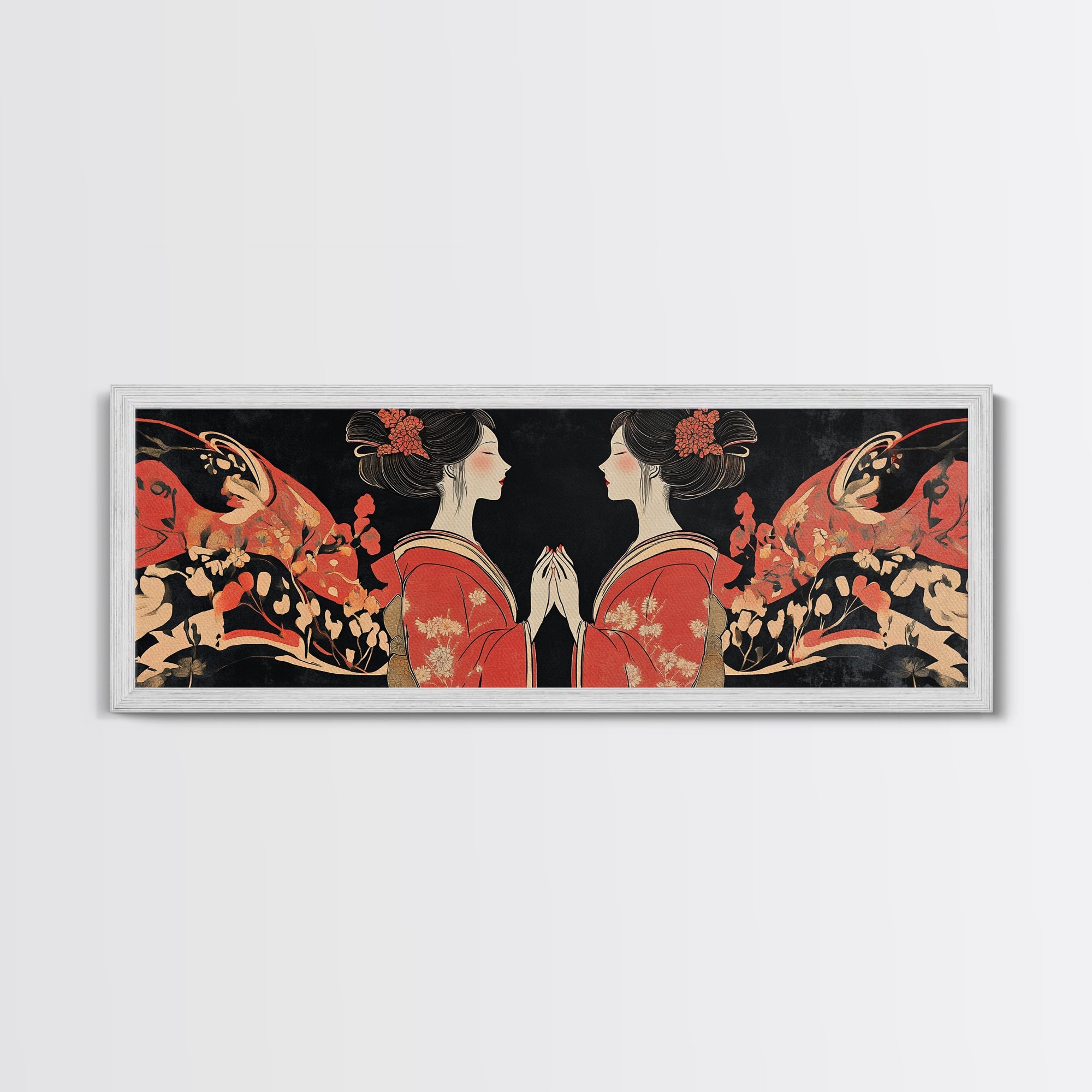 Elegant Geisha Framed Canvas Print Chinoiserie Art Nouveau Print Japanese Zen Art Gift Idea for Her Bedroom Living Room Wall Decor