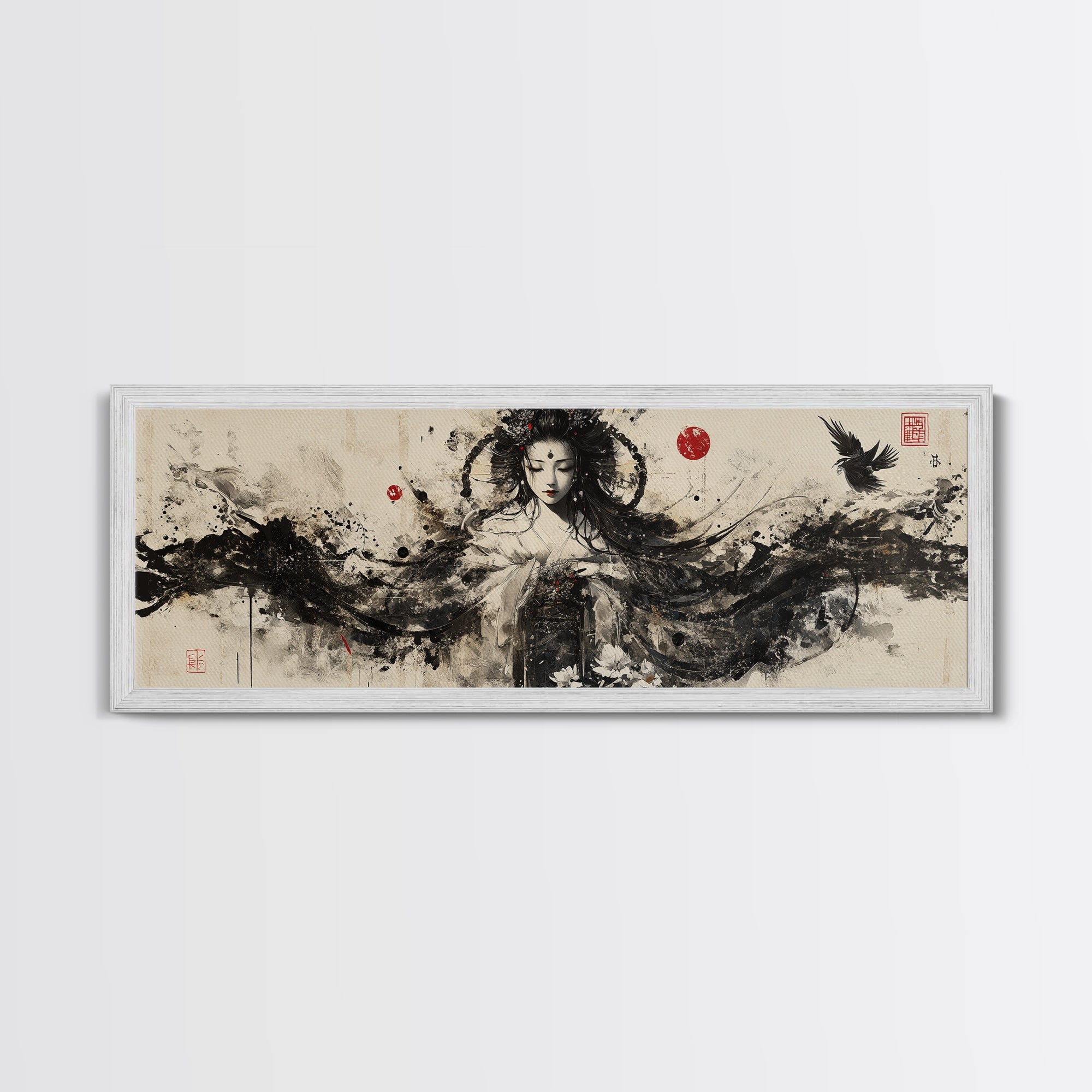 Ethereal Goddess Framed Canvas Print Moody Art Japanese-Style Dark Angels Wall Art Feminine Zen Artwork Rustic Decor