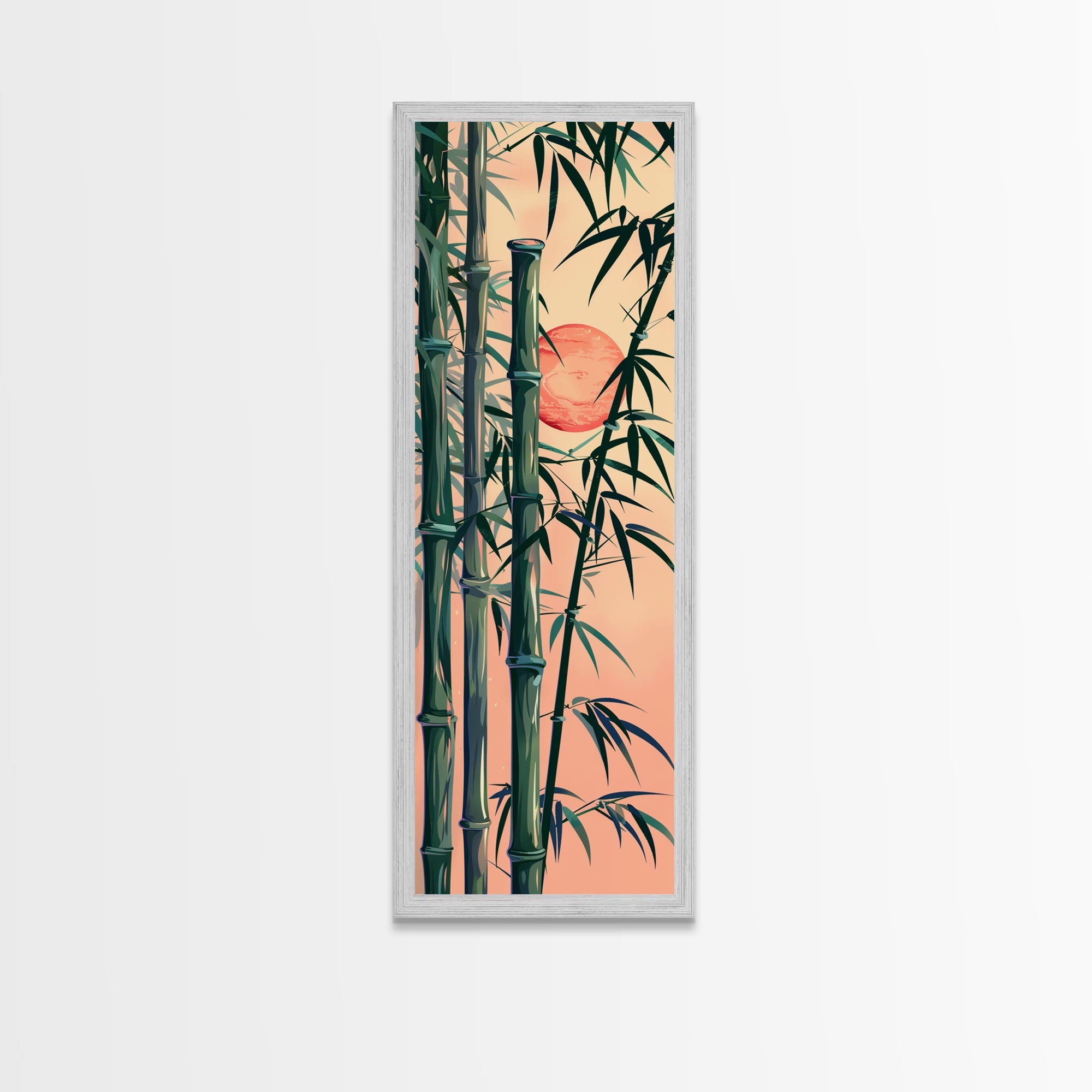 Framed Canvas Print Of Bamboo Stalks And Red Sun, Traditional Japanese Style Wall Art Ready To Hang For Asian Inspired Decor