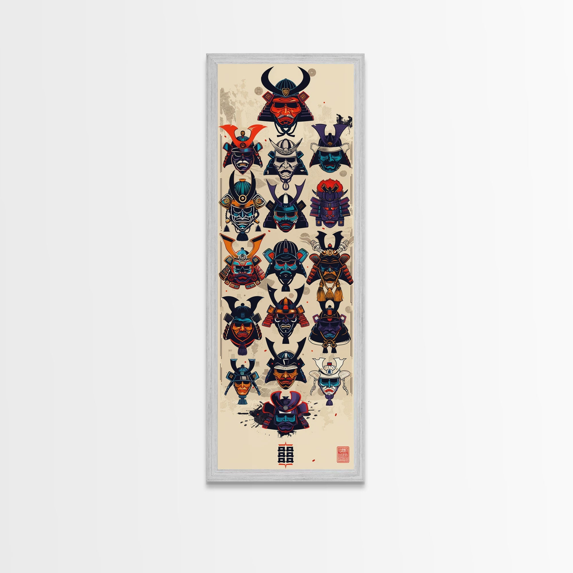 Canvas Print Traditional Japanese Samurai Helmets Collection, Intricate Details In Warrior Masks, Bold Cultural Decor For Any Space