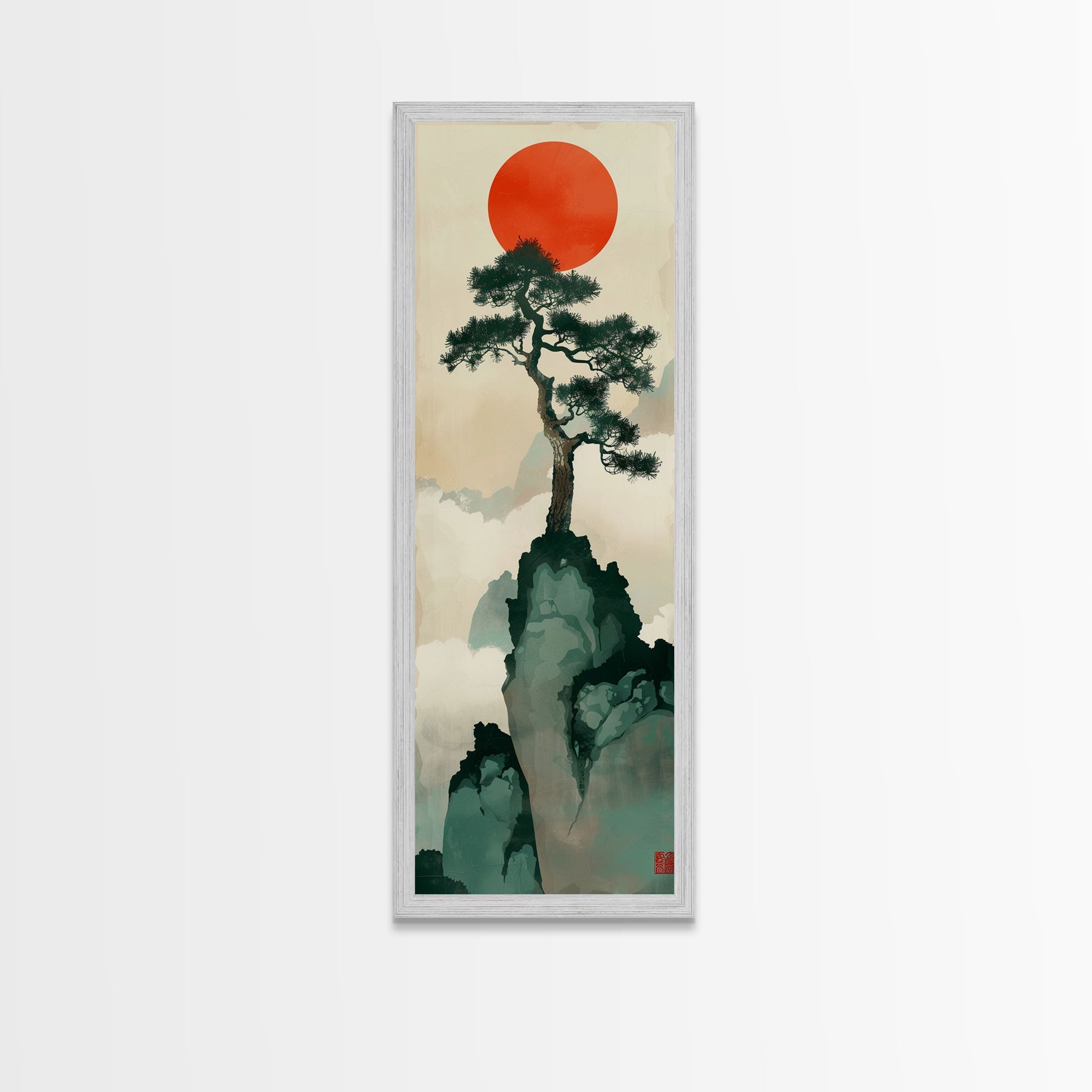 Bonsai Tree Mountain Red Sun Japanese Tall Wall Art Skinny Framed Canvas Print Ukiyo-e Style