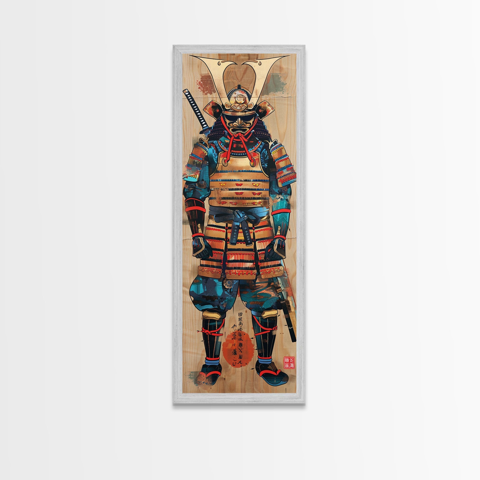 Skinny Art, Tall Art, Samurai Armor Wood Block Print Framed Canvas Print Japanese Style Art Ukiyo-e Art