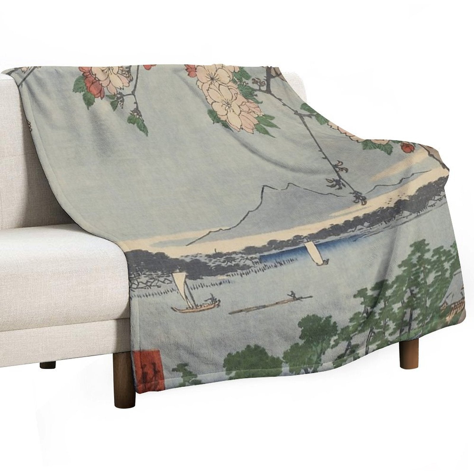 Cherry Blossoms on Spring River Ukiyo-e Japanese Art Throw Blanket